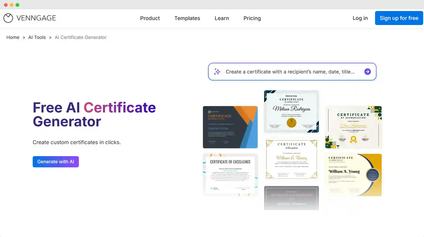 Venngage's homepage featuring a free AI certificate generator with templates, icons and a “Generate with AI” button, showing it as one of the best tools to create certificates and download certificates for any occasion.