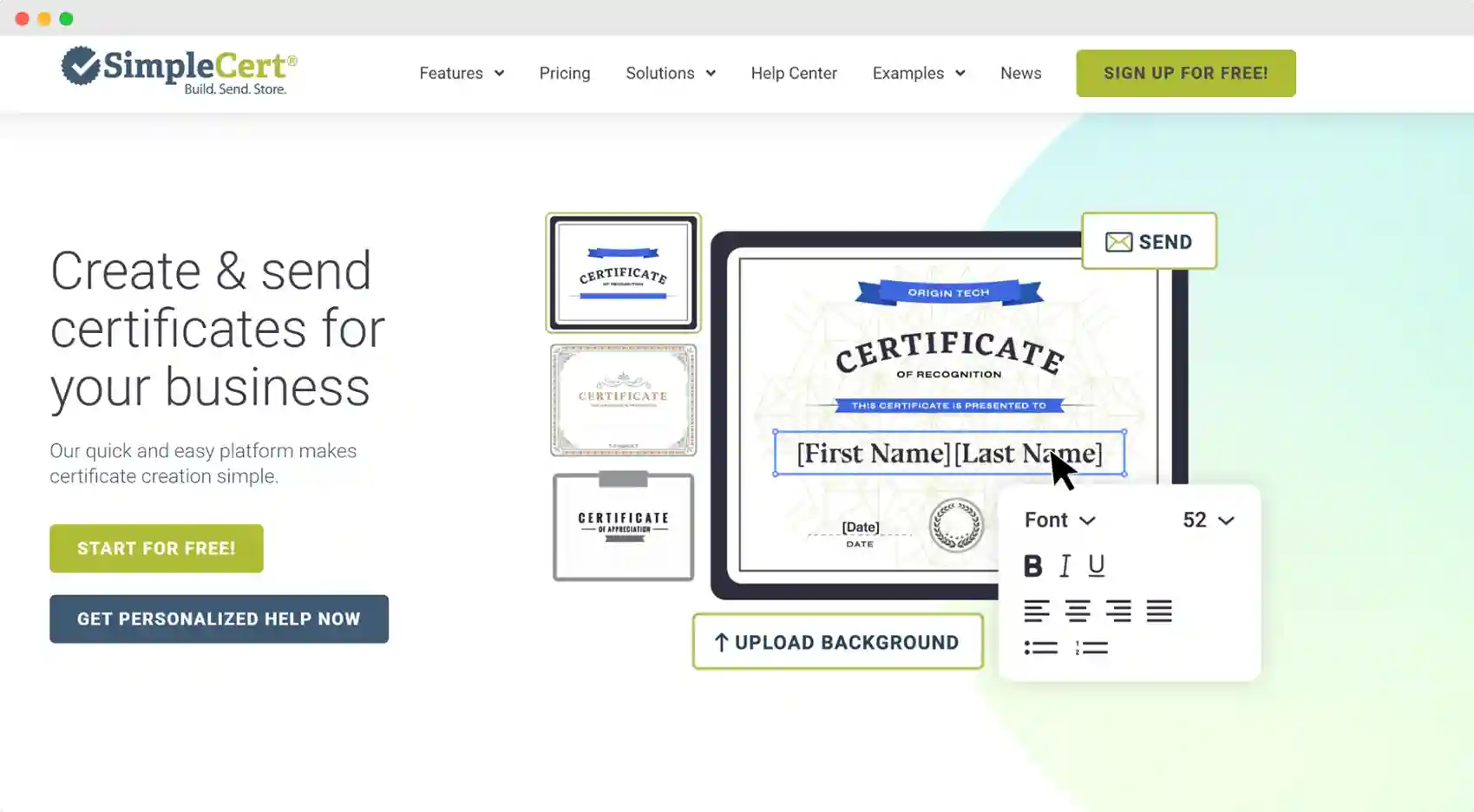 SimpleCert homepage featuring editable certificate fields and font options, showcasing it as one of the best tools to create certificates for business or personal use and quickly download certificates.
