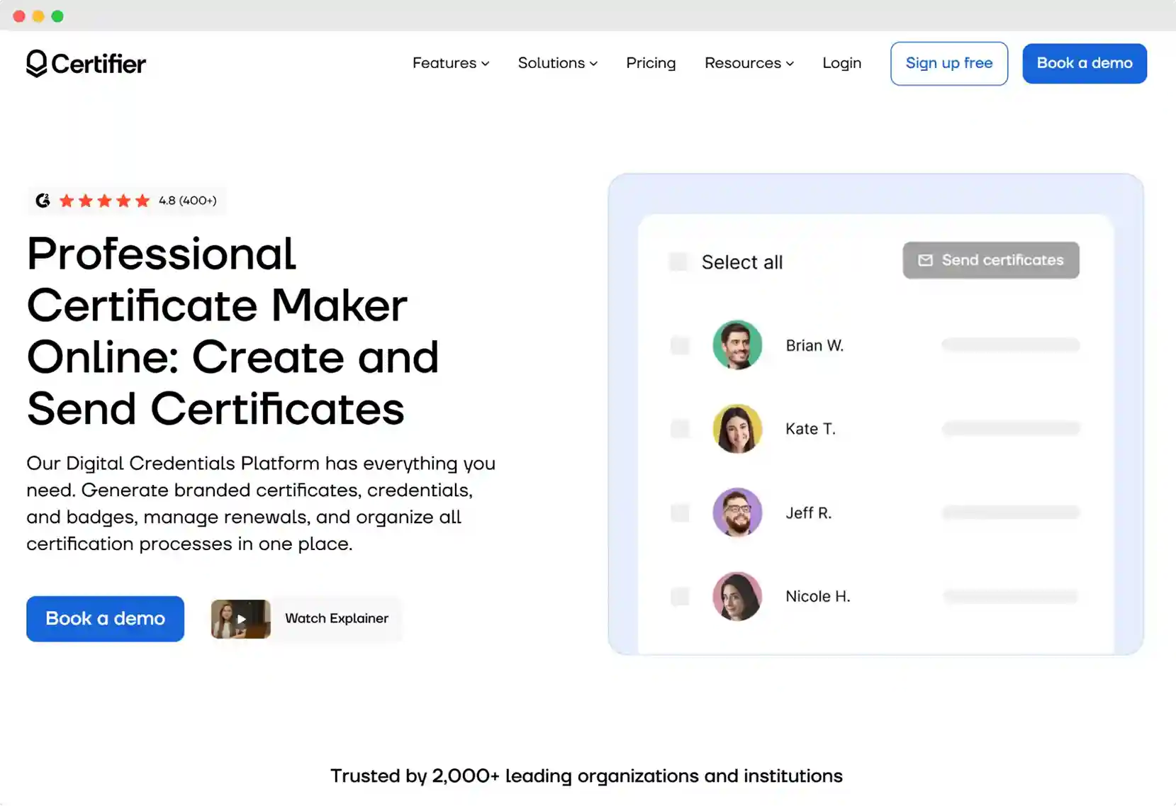 Certifier’s homepage displays a certificate-sending interface with profile icons, emphasizing it as one of the best tools to create certificates, manage renewals and easily download certificates.