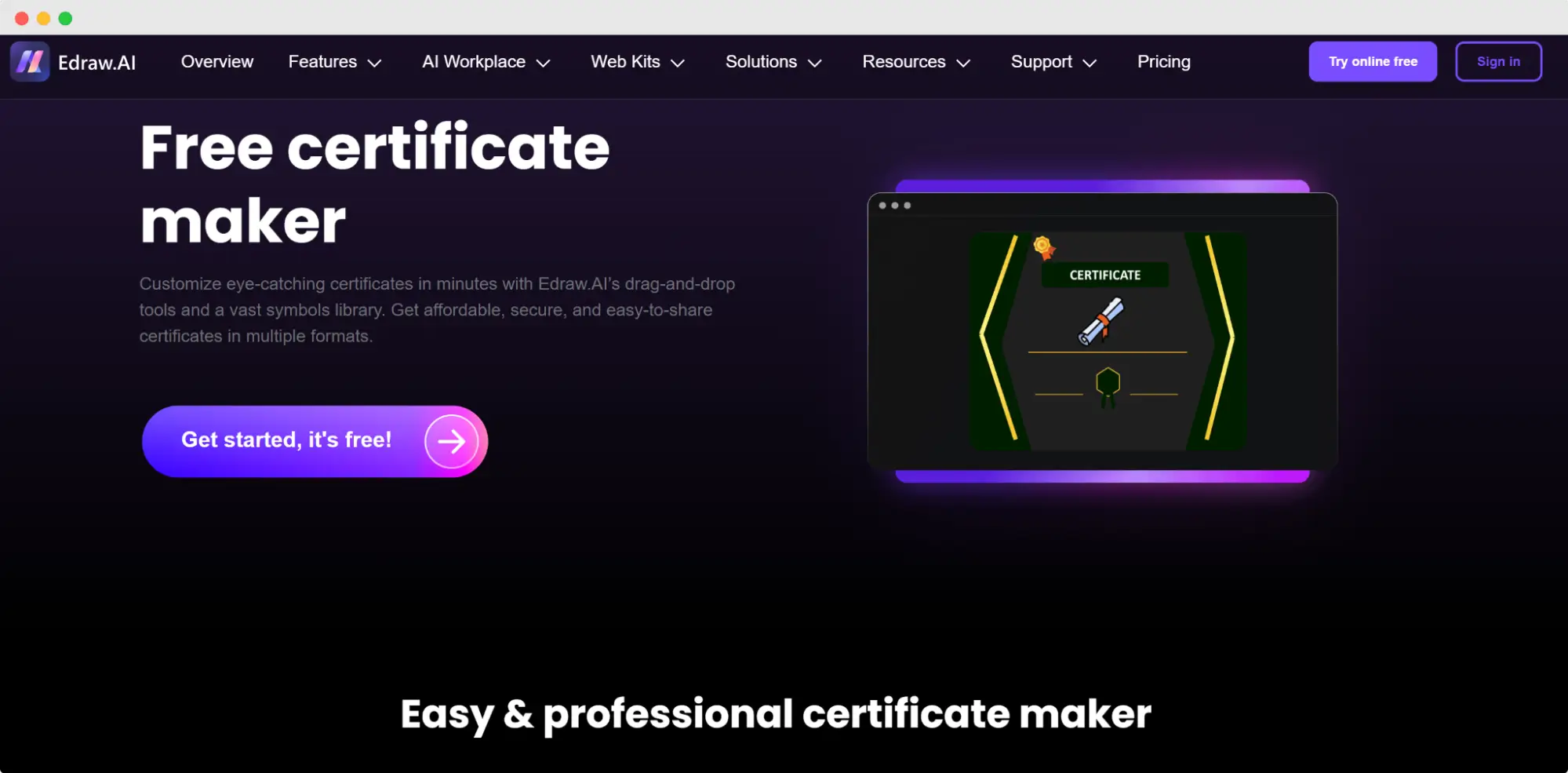 Homepage of Edraw.AI, considered as the best program to create a certificate, with a dark interface and glowing gradient visuals, promoting creativity tools like whiteboards and diagrams that support designing certificates and planning online courses.