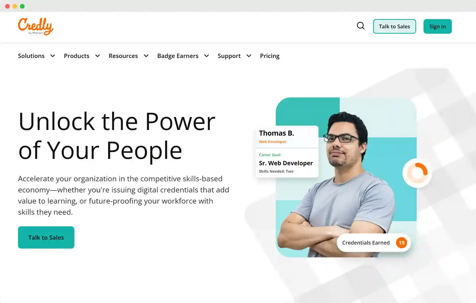 Credly homepage showing a profile-based credential system, focusing on digital skills verification through online courses and standing out as a tool to create certificates with career-aligned goals users can decide on.