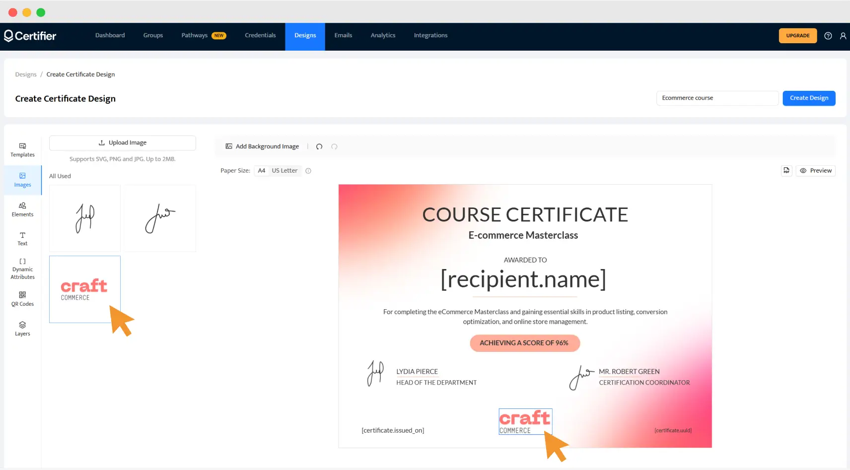 Certifier’s visual editor, including LearnDash certificate template design with a logo; features many LearnDash certificate fonts options.