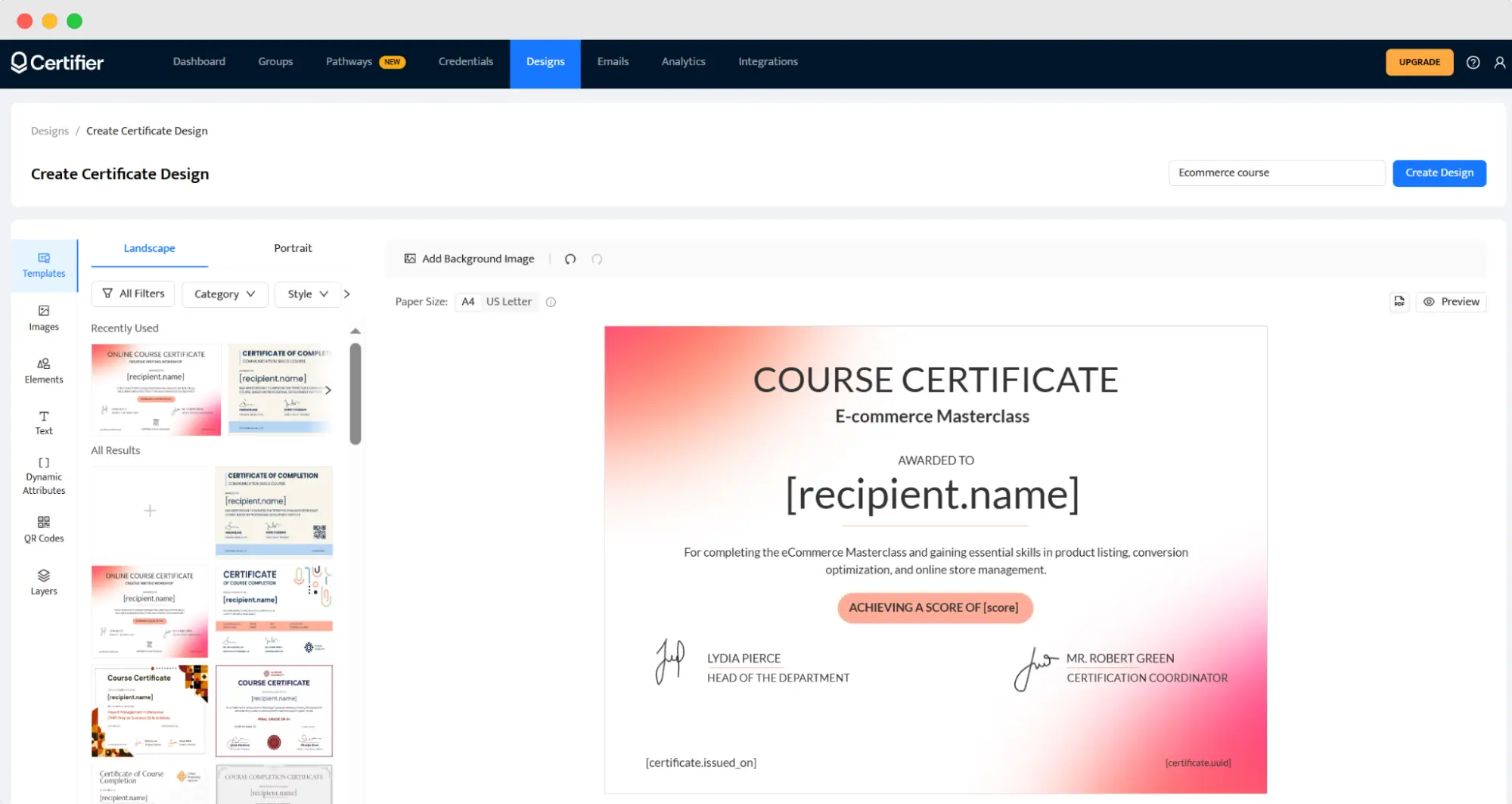 Certifier’s visual editor, including LearnDash certificate template designs, with a learndash certificate verify and share option.