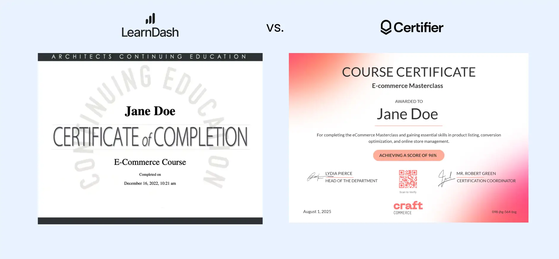 Credentials comparison: certificate builder LearnDash vs Certifier’s certificate builder.