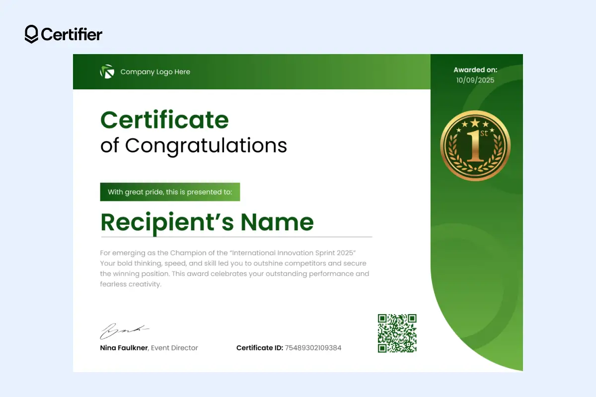 Congratulations certificate free printable template with green color theme awarded to celebrate professional milestones. Congratulations certificate free printable template with green color theme awarded to celebrate professional milestones.