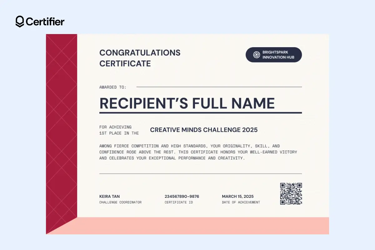 Congratulations certificate template Microsoft Word with QR code and machine-style font for innovation challenges; edit in Certifier and write new things on the design. Congratulations certificate template Microsoft Word with QR code and machine-style font for innovation challenges; edit in Certifier and write new things on the design.