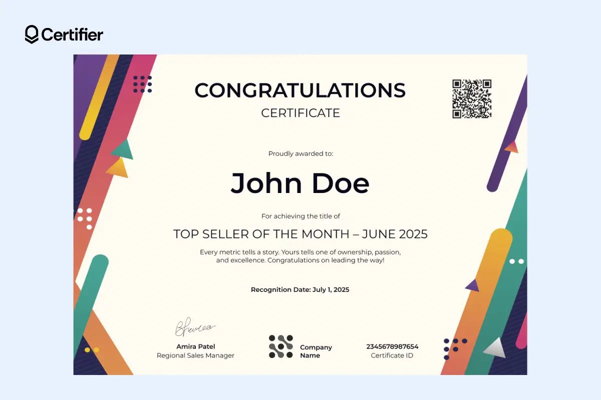 Colorful certificate of congratulations template with abstract shapes and editable fields; can be used to congrats on volunteer work or education purposes. Colorful certificate of congratulations template with abstract shapes and editable fields; can be used to congrats on volunteer work or education purposes.