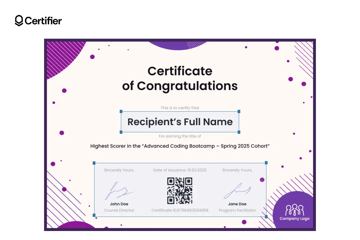Editable congratulations certificate template free with purple border, QR code and space for names, signatures and custom certificate of congratulations wording. Editable congratulations certificate template free with purple border, QR code and space for names, signatures and custom certificate of congratulations wording.
