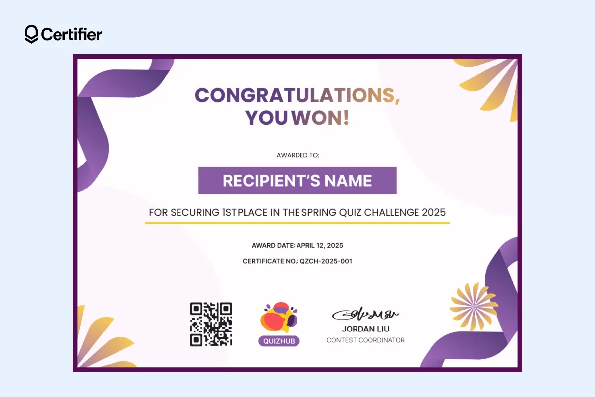 Congratulations certificate printable file for contest winners with QR code and automatic certificate ID for verification. Congratulations certificate printable file for contest winners with QR code and automatic certificate ID for verification.