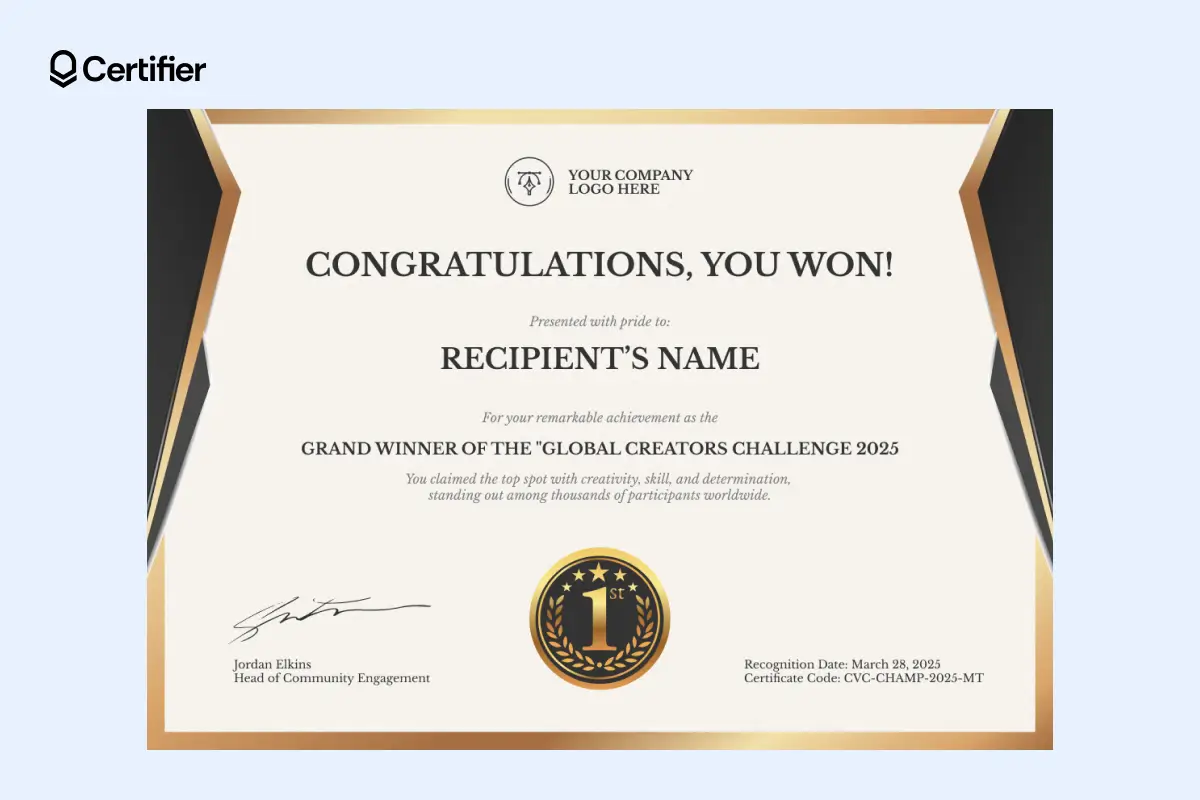 Blank congratulations certificate with black and gold accents and medal-style badge. Blank congratulations certificate with black and gold accents and medal-style badge.