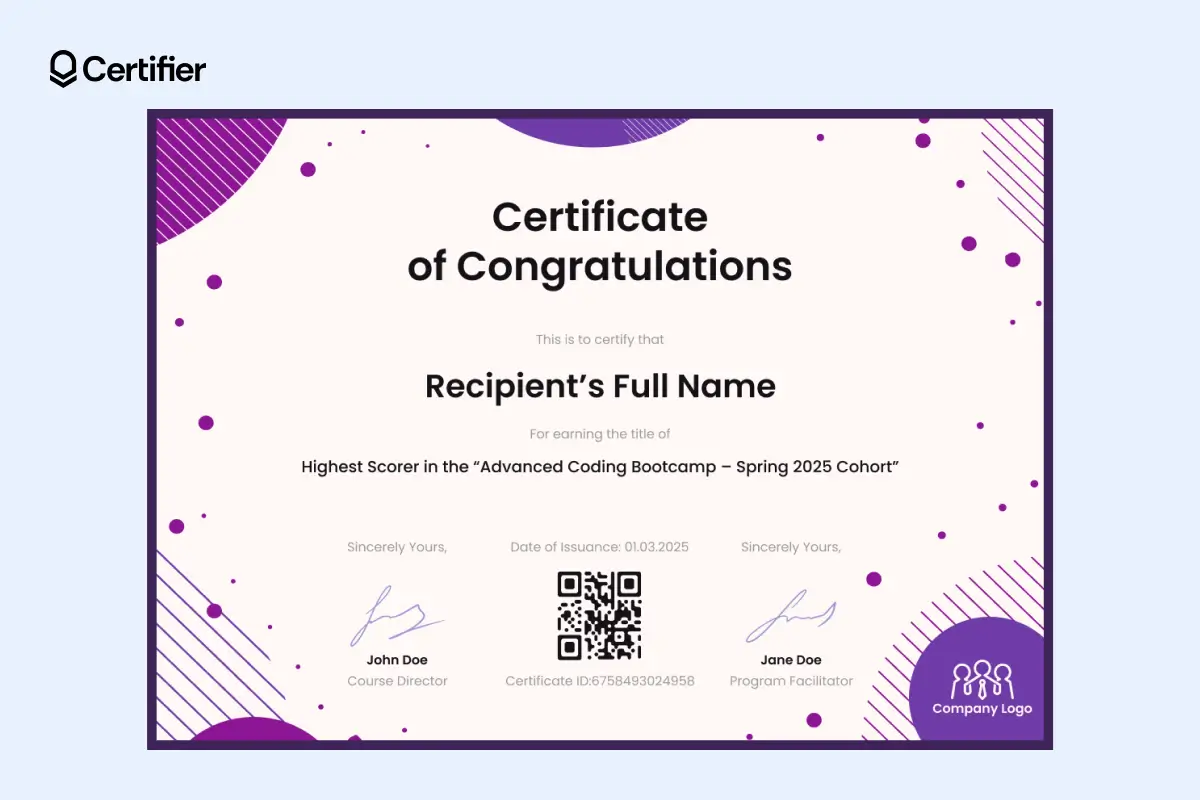Congratulations certificate editable free to use; with a QR code for verification and logo in the bottom right corner. Congratulations certificate editable free to use; with a QR code for verification and logo in the bottom right corner.