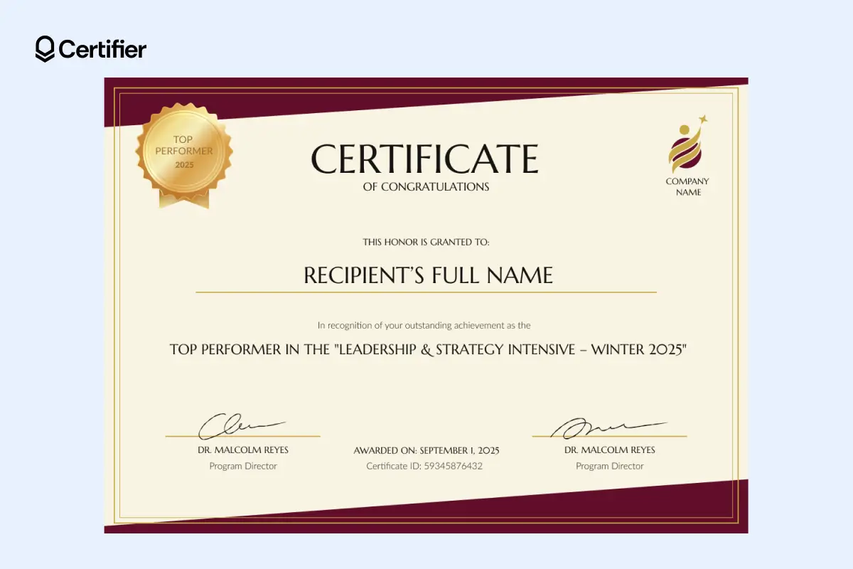 Editable congratulations certificate with red-gold accents and customizable badge text. Editable congratulations certificate with red-gold accents and customizable badge text.
