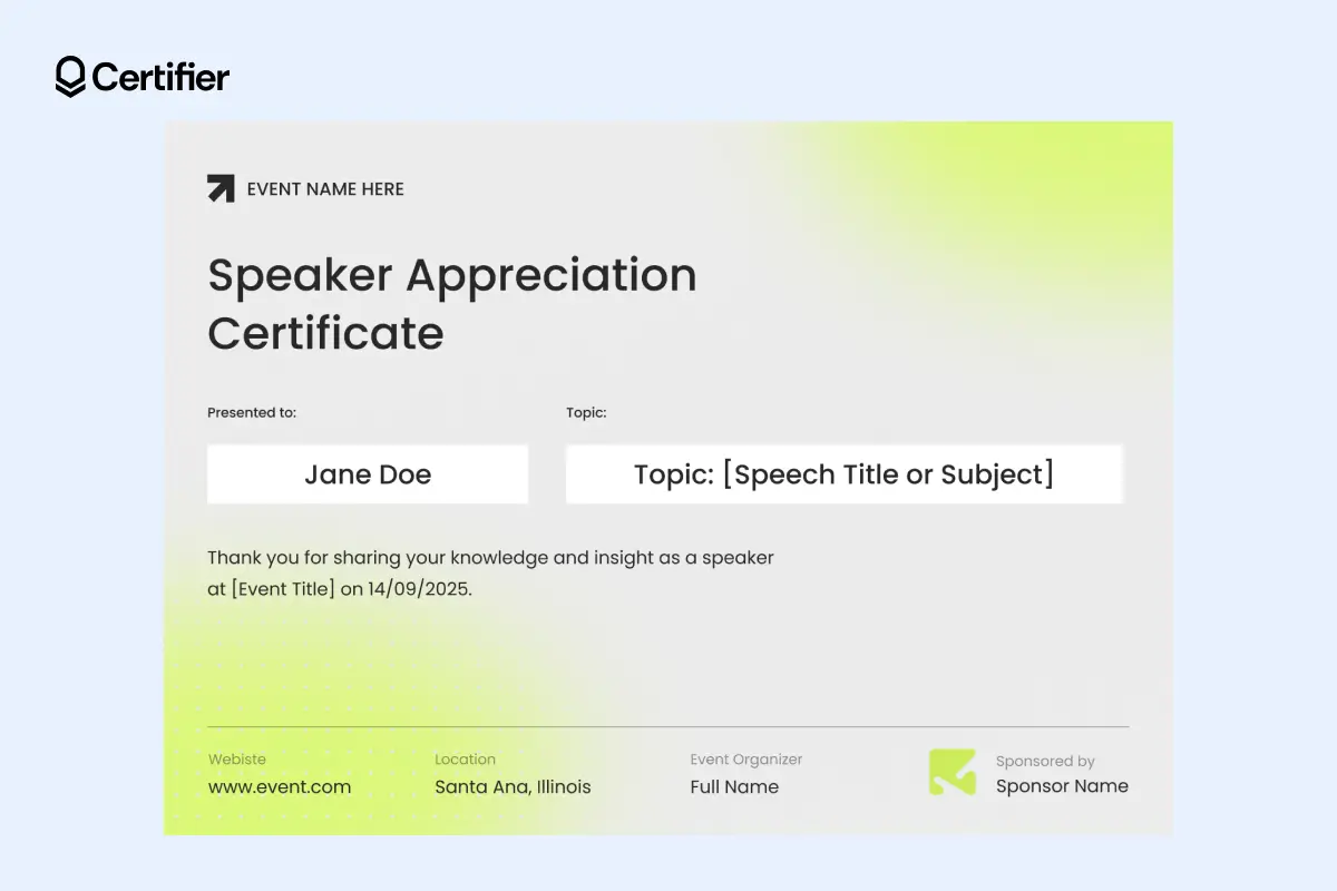 Certificate of appreciation for guest speaker editable file including sponsor name, website, recipients; presented in green and grey. Certificate of appreciation for guest speaker editable file including sponsor name, website, recipients; presented in green and grey.