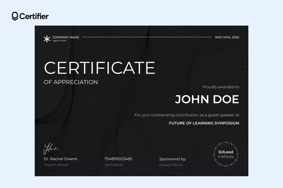 Sample of certificate of appreciation for guest speaker in dark colors, with a placeholder for logo, signature and sponsors. Sample of certificate of appreciation for guest speaker in dark colors, with a placeholder for logo, signature and sponsors.