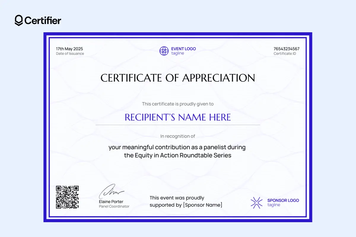 Certificate of appreciation for speaker with a blue border and white background; features QR code, signature, logo and recipient's details, all editable. Certificate of appreciation for speaker with a blue border and white background; features QR code, signature, logo and recipient's details, all editable.