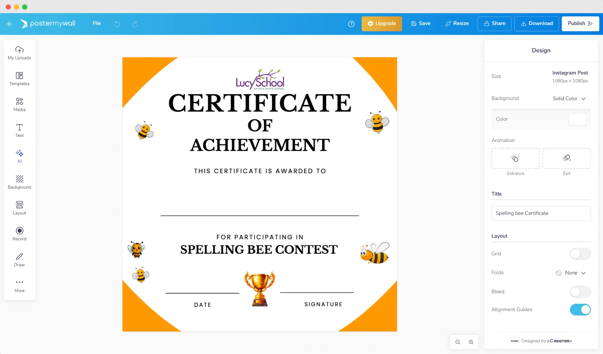 Postermywall certificate editor featuring a spelling bee contest award template with bee illustrations and a trophy icon. Postermywall certificate editor featuring a spelling bee contest award template with bee illustrations and a trophy icon.