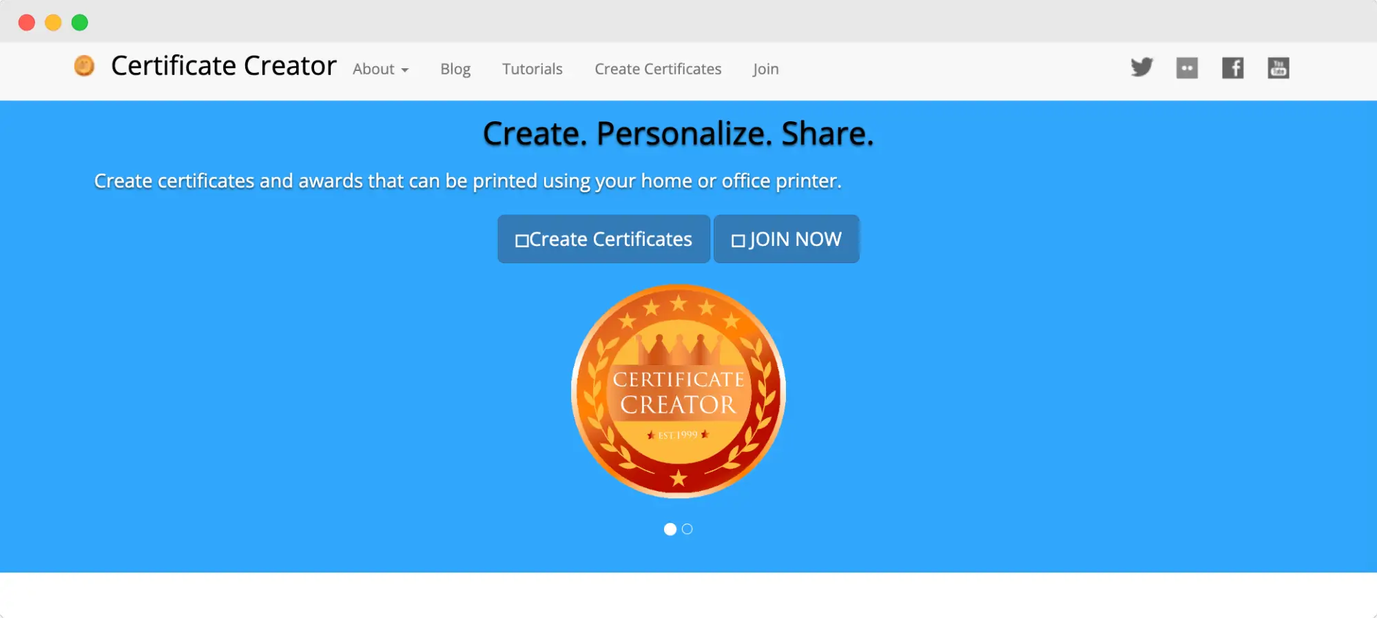 Certificate Creator homepage with a bold blue background and a gold badge-style logo for making printable certificates. Certificate Creator homepage with a bold blue background and a gold badge-style logo for making printable certificates.
