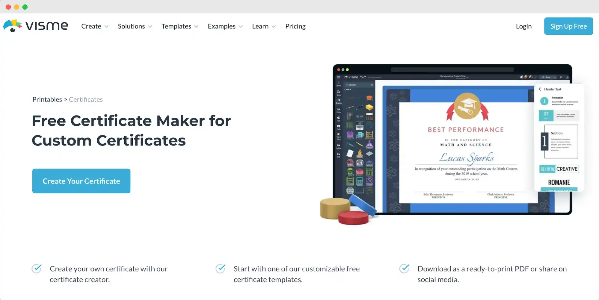 Visme certificate maker interface with customizable templates presented as a Venngage alternative. Visme certificate maker interface with customizable templates presented as a Venngage alternative.