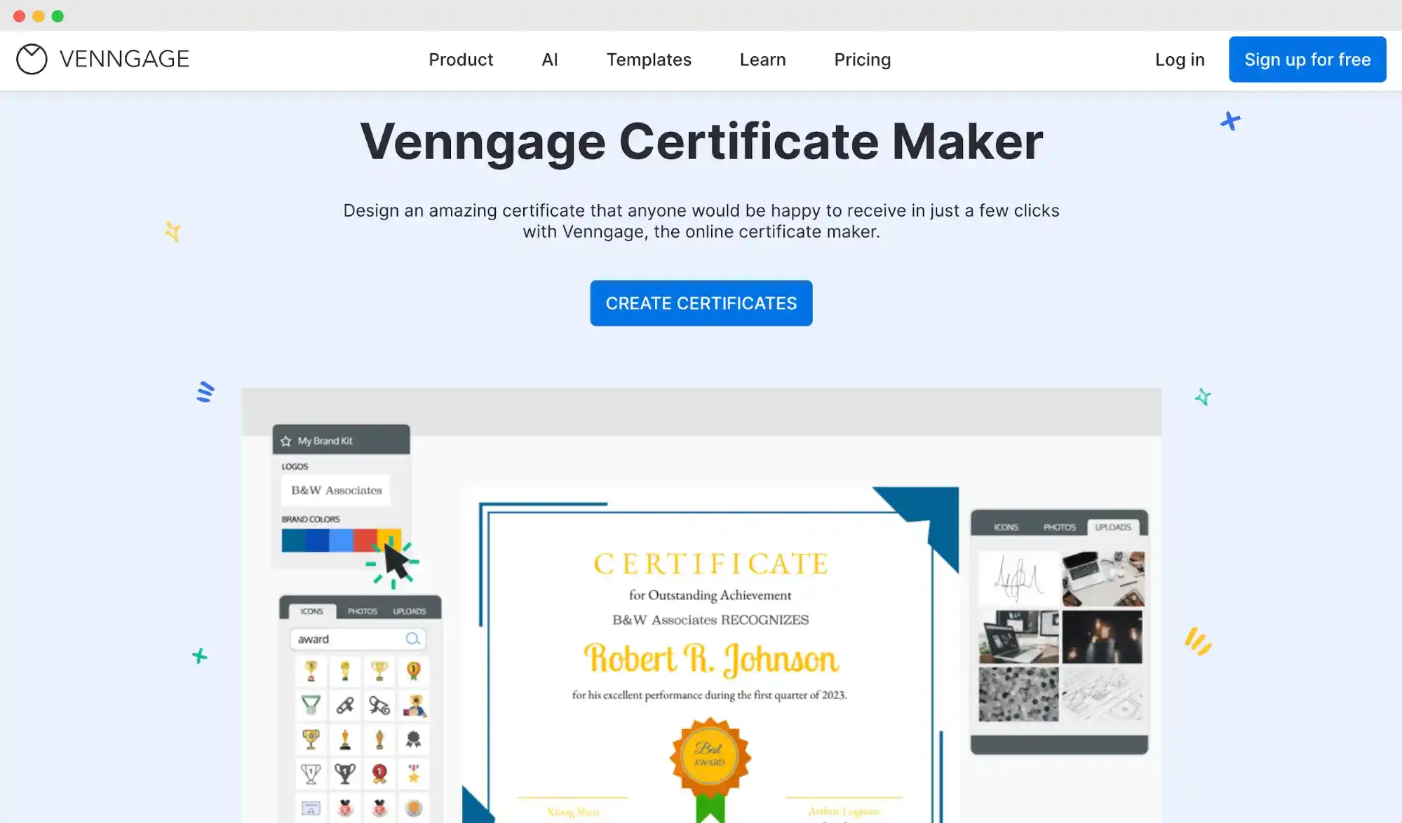Venngage certificate maker dashboard showcasing templates and editor features. Venngage certificate maker dashboard showcasing templates and editor features.