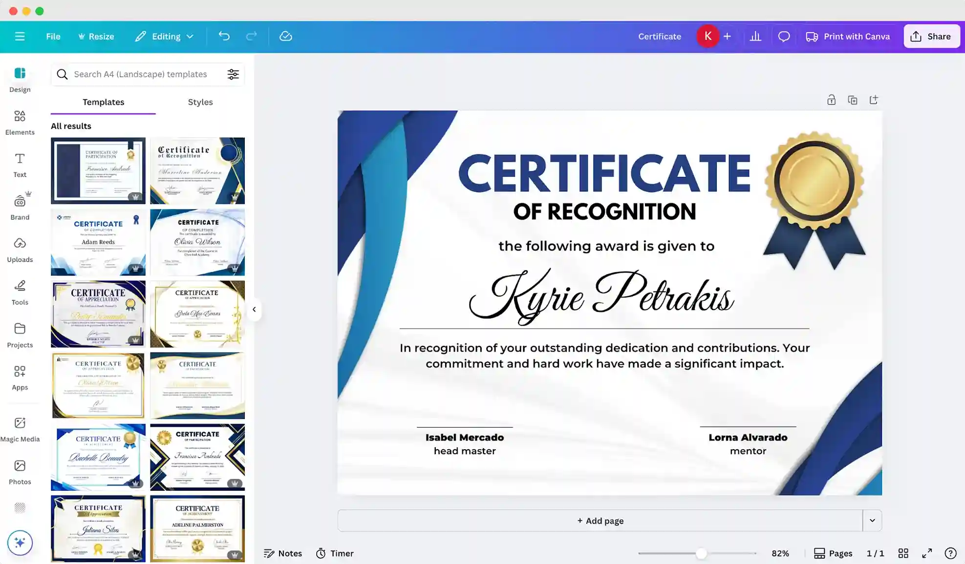 Canva certificate template library in the design editor.