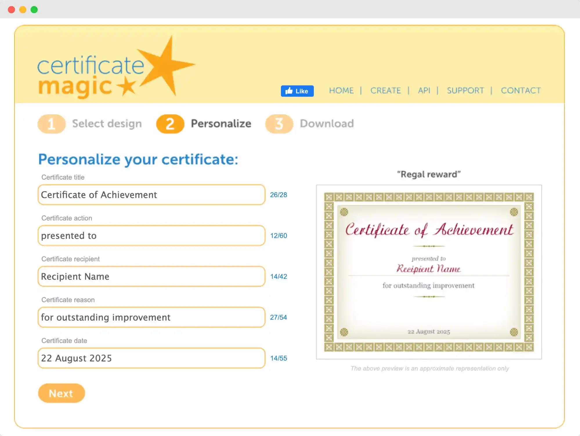 Certificate Magic’s personalization page showing editable fields for title, recipient, reason and date.