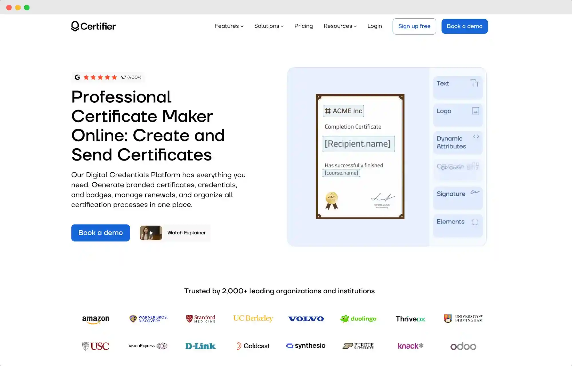 Screenshot of Certifier.io dashboard showing templates, automation, analytics and QR verification.