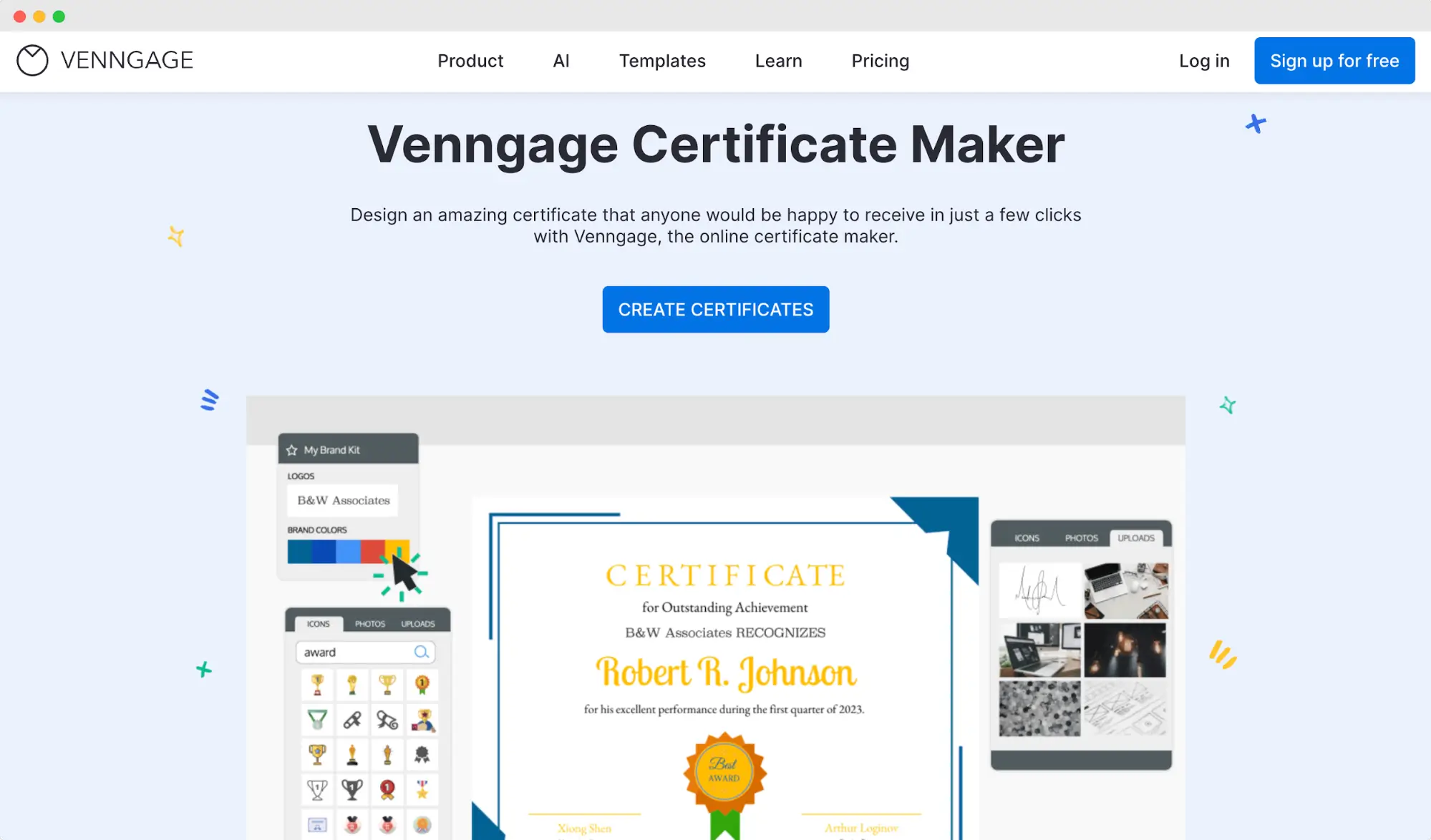 Venngage certificate maker interface showing design elements and editing tools, positioned as a creative Template.net alternative. Venngage certificate maker interface showing design elements and editing tools, positioned as a creative Template.net alternative.
