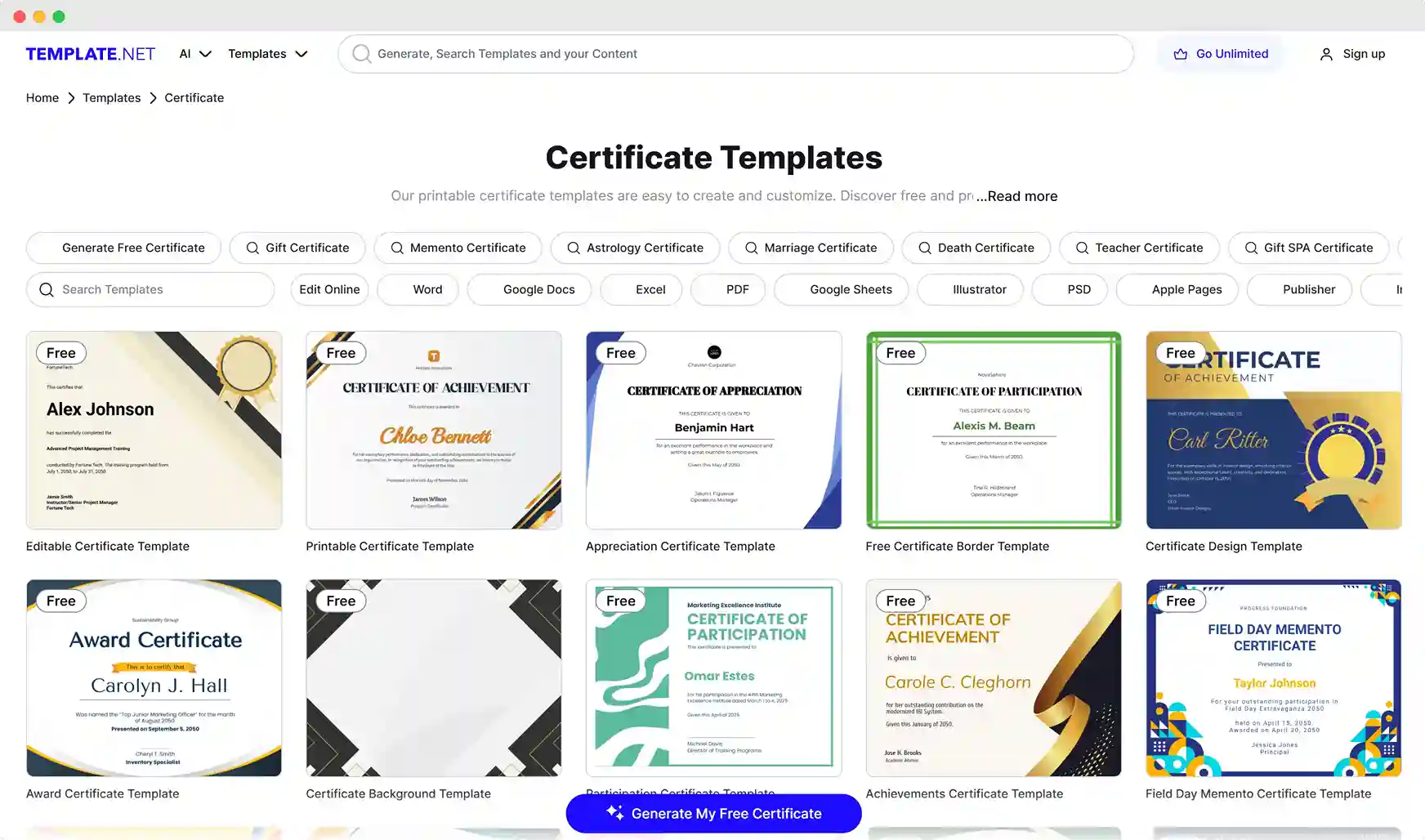 Template.net editor displaying an editable certificate templates with customization options but limited credentialing features. Template.net editor displaying an editable certificate templates with customization options but limited credentialing features.