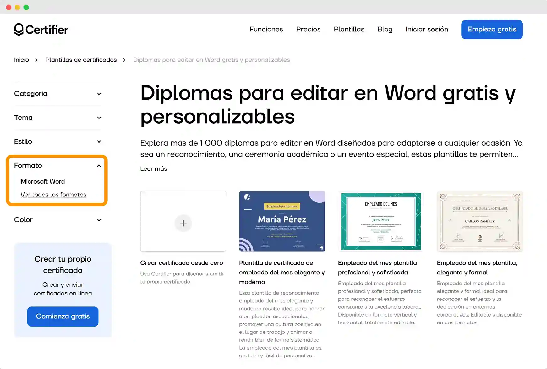 Página de Certifier con plantillas de diplomas para Word destacadas, ideal para usuarios que buscan cómo hacer diplomas en Word de forma rápida y personalizada. Página de Certifier con plantillas de diplomas para Word destacadas, ideal para usuarios que buscan cómo hacer diplomas en Word de forma rápida y personalizada.