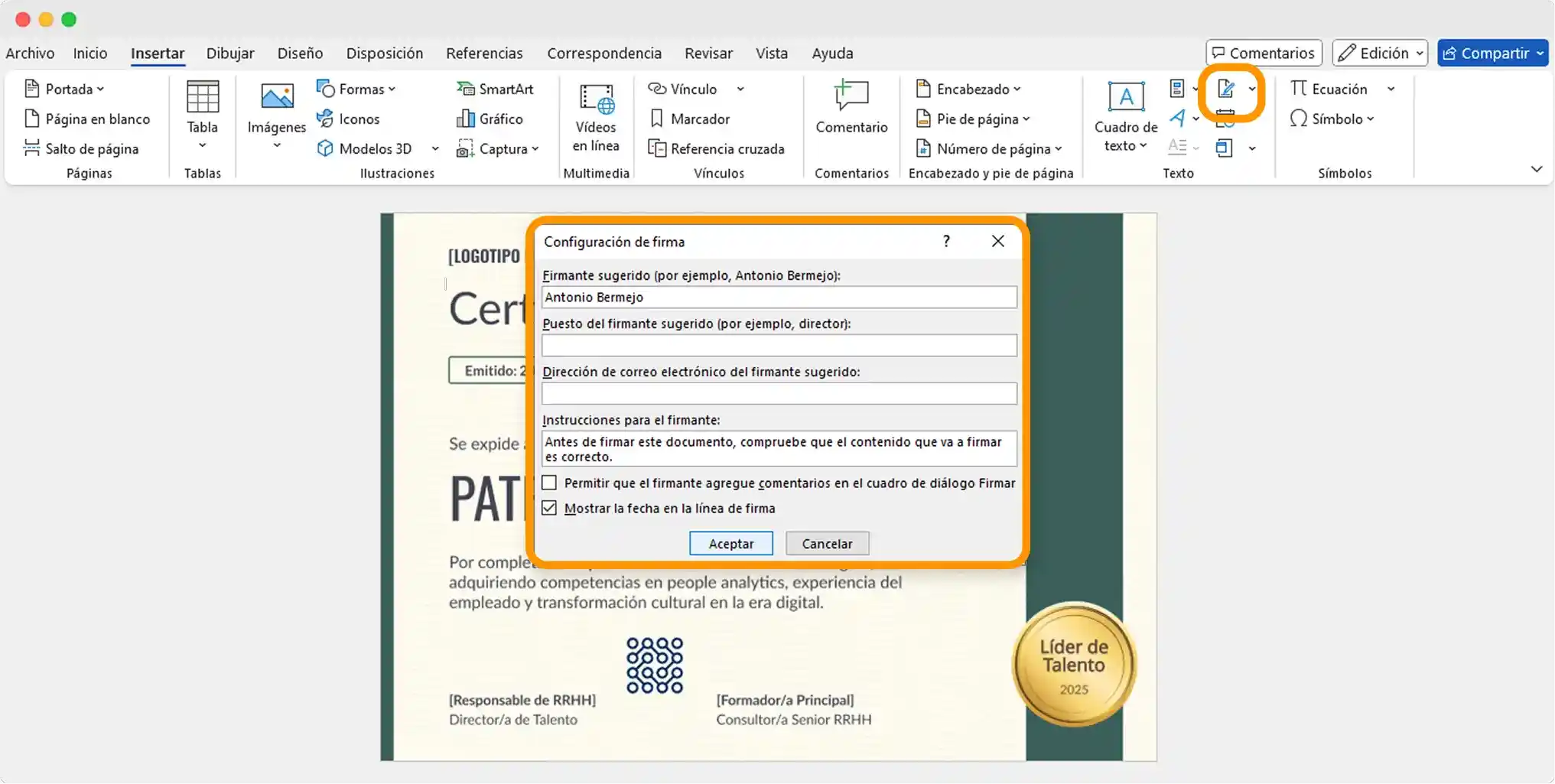 Configuración de firma digital en Word con campos rellenados, útil para automatizar el proceso de cómo hacer diplomas en Word con datos de Excel. Configuración de firma digital en Word con campos rellenados, útil para automatizar el proceso de cómo hacer diplomas en Word con datos de Excel.