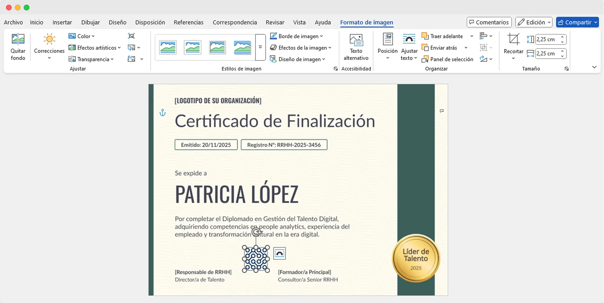 Certificado editable en Word con elementos gráficos insertados, mostrando cómo hacer un reconocimiento en Word con diseño profesional. Certificado editable en Word con elementos gráficos insertados, mostrando cómo hacer un reconocimiento en Word con diseño profesional.