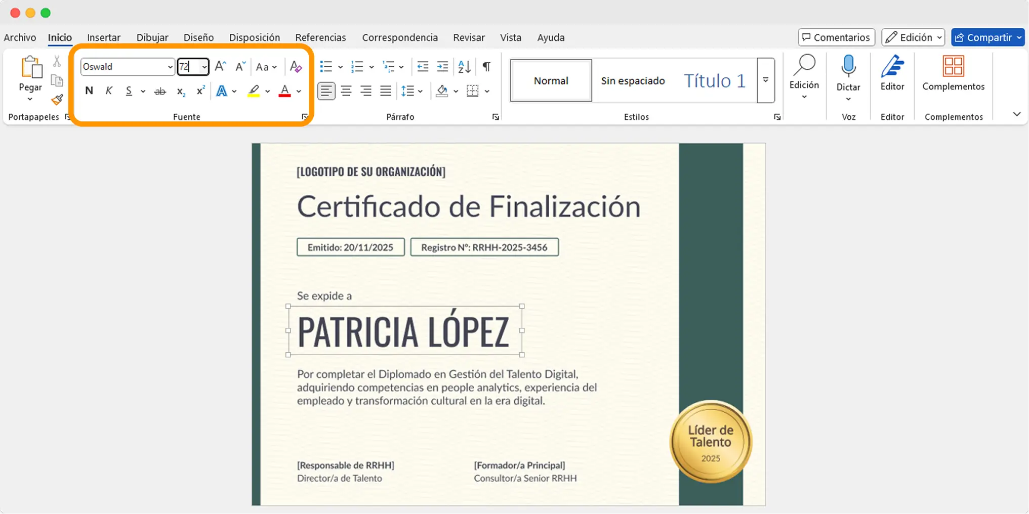 Interfaz de Microsoft Word con opciones de fuente resaltadas al crear un diploma personalizado, útil para quienes buscan cómo hacer diplomas en Word. Interfaz de Microsoft Word con opciones de fuente resaltadas al crear un diploma personalizado, útil para quienes buscan cómo hacer diplomas en Word.