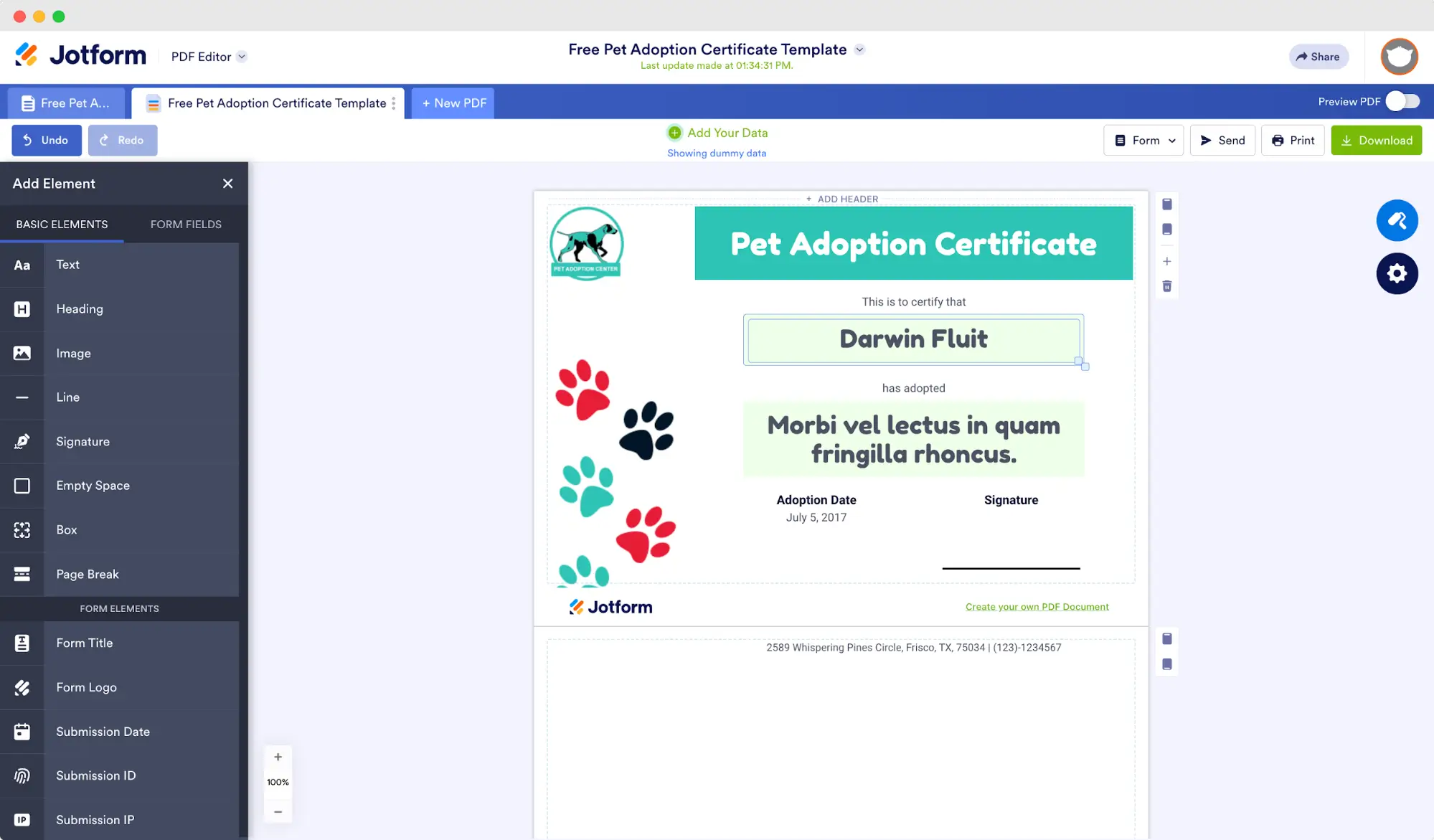Jotform PDF editor with a pet adoption certificate template, serving as context for comparing Jotform alternatives. Jotform PDF editor with a pet adoption certificate template, serving as context for comparing Jotform alternatives.