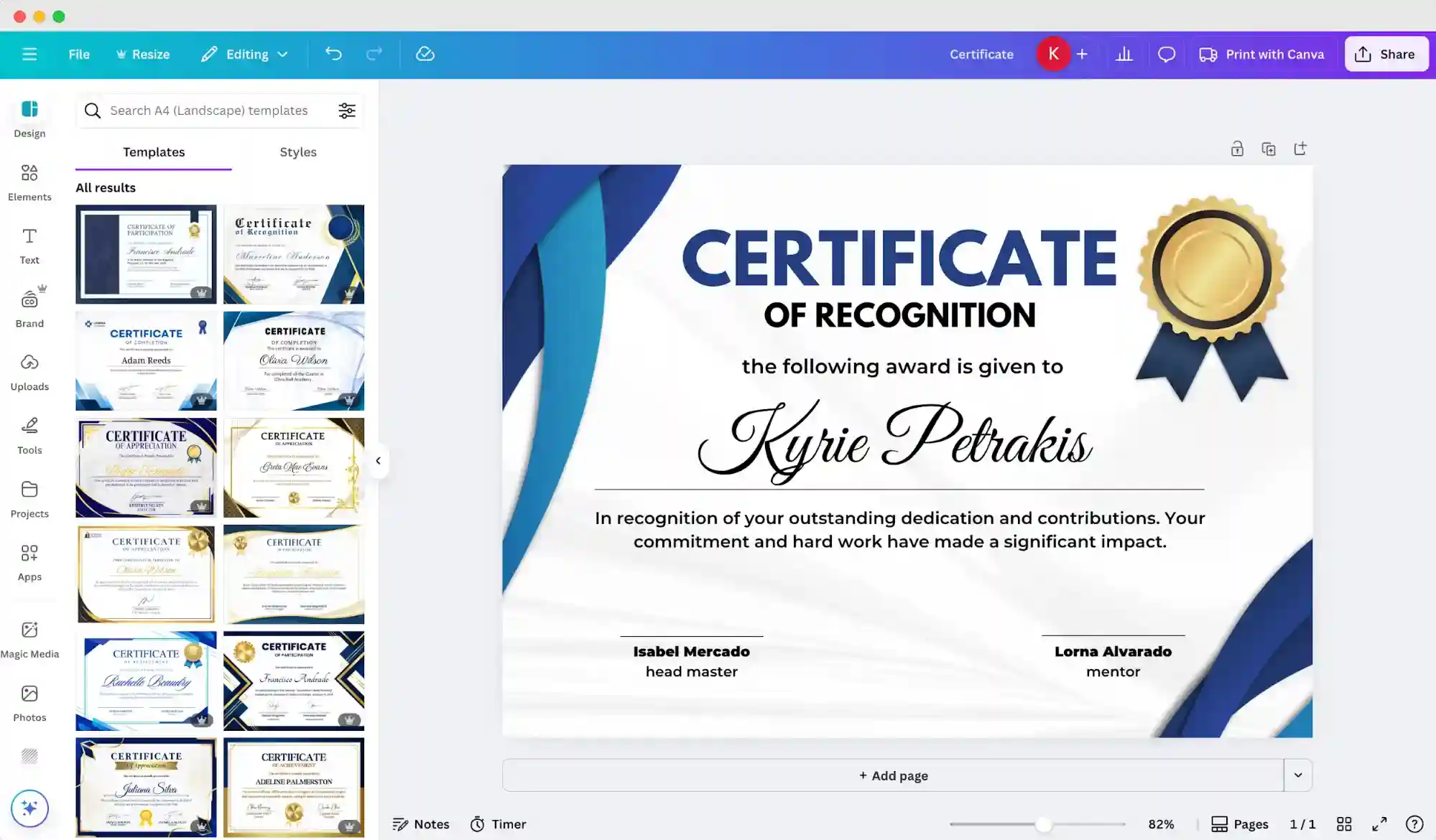 Canva certificate editor showing a recognition template, often compared as one of the Jotform alternatives for quick design. Canva certificate editor showing a recognition template, often compared as one of the Jotform alternatives for quick design.