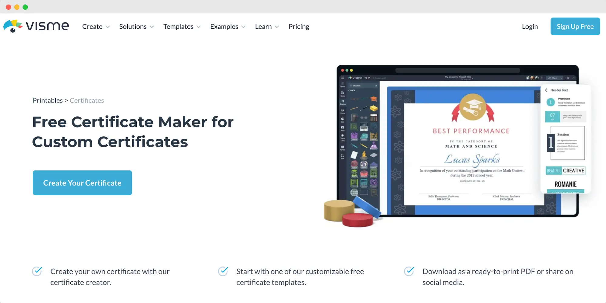 Visme homepage promoting its free certificate maker for creating and customizing printable certificates. Visme homepage promoting its free certificate maker for creating and customizing printable certificates.