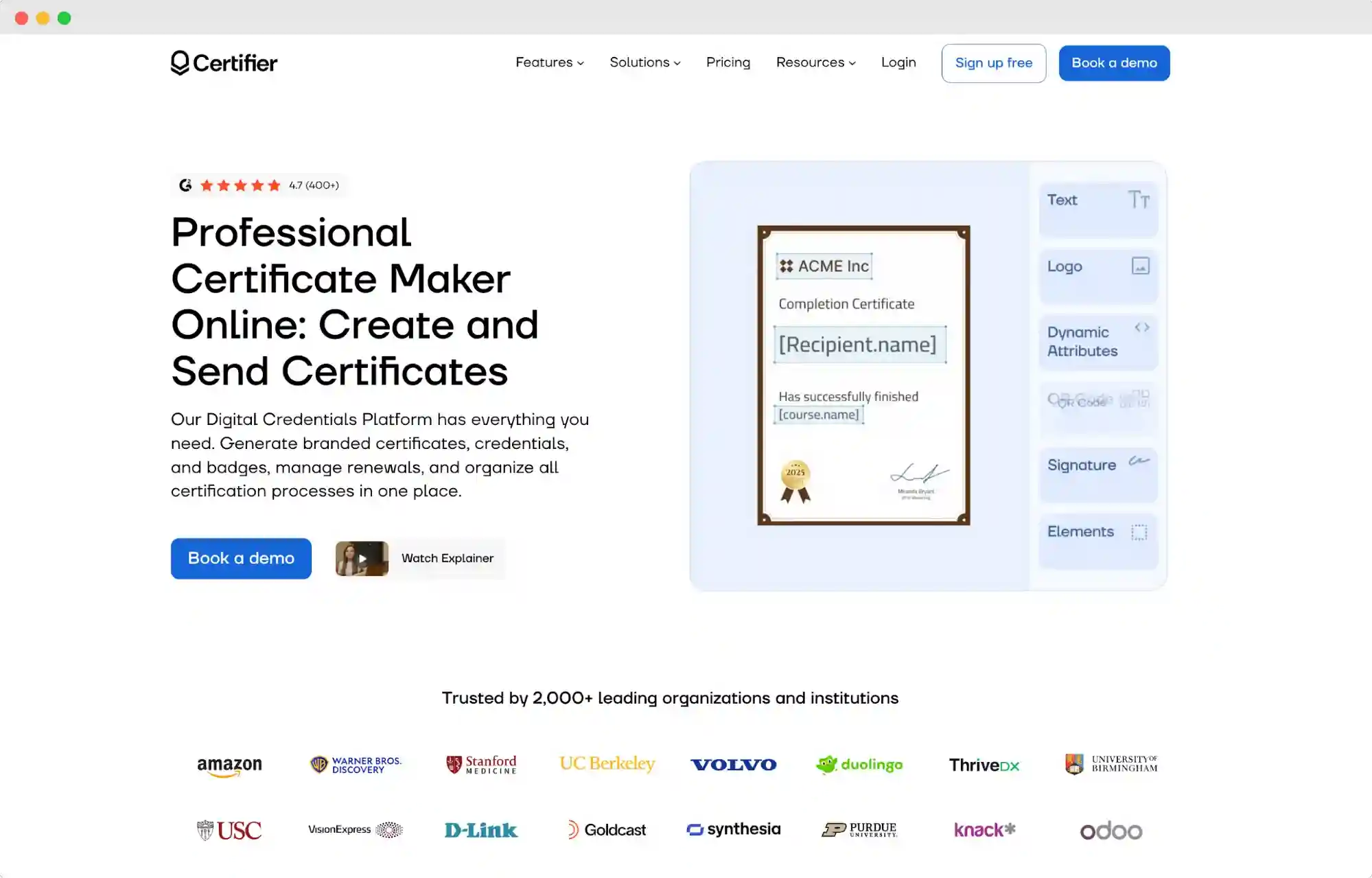 Certifier homepage highlighting its professional certificate maker and credential management platform. Certifier homepage highlighting its professional certificate maker and credential management platform.