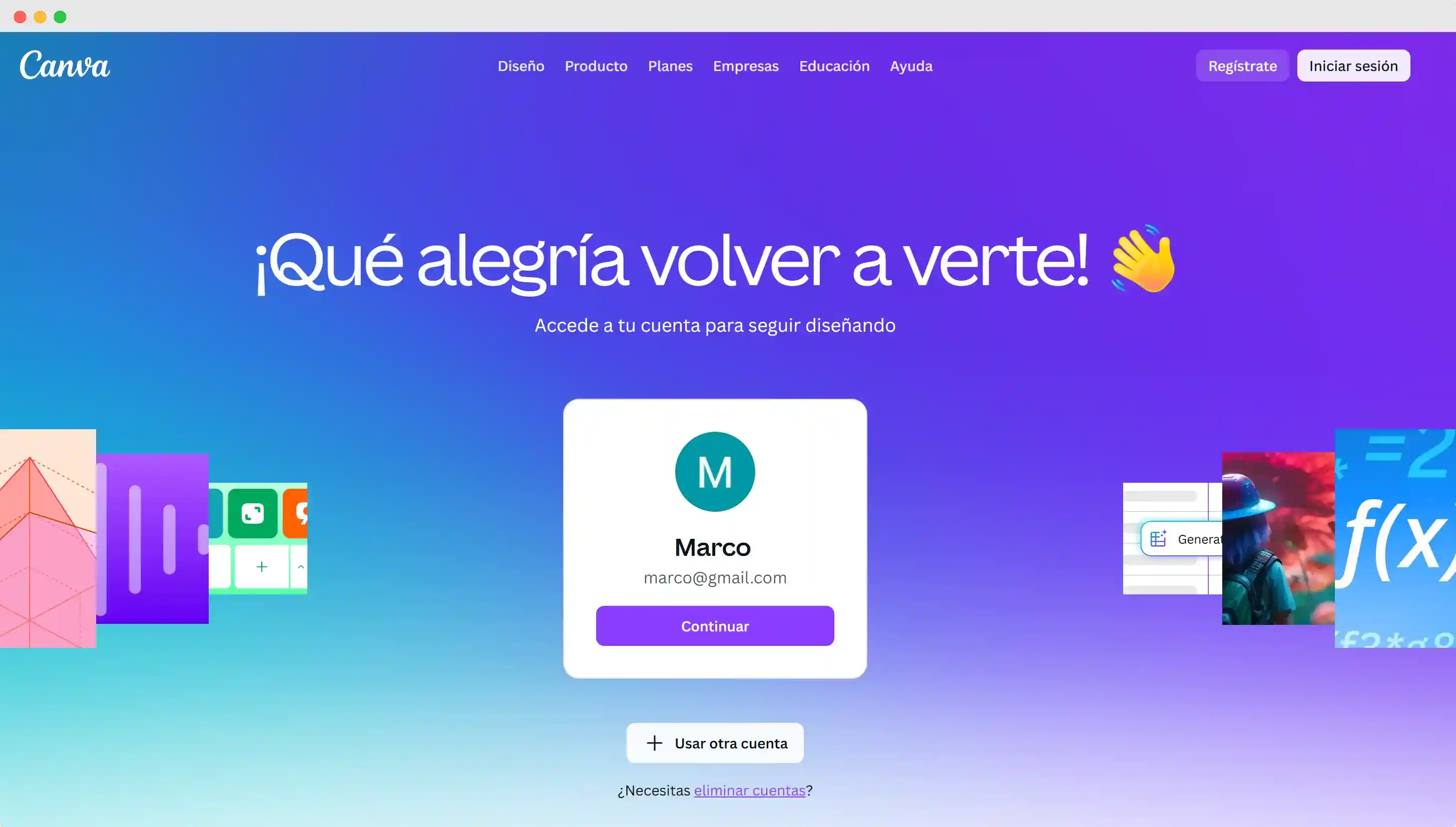 Pantalla de inicio de sesión en Canva mostrando acceso rápido para continuar diseñando diplomas personalizados en Canva. Pantalla de inicio de sesión en Canva mostrando acceso rápido para continuar diseñando diplomas personalizados en Canva.
