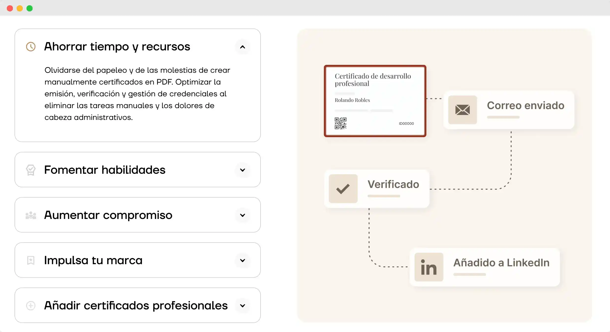 Flujo de emisión de certificados digitales en Certifier mostrando diploma verificado, enviado por correo y añadido a LinkedIn. Flujo de emisión de certificados digitales en Certifier mostrando diploma verificado, enviado por correo y añadido a LinkedIn.