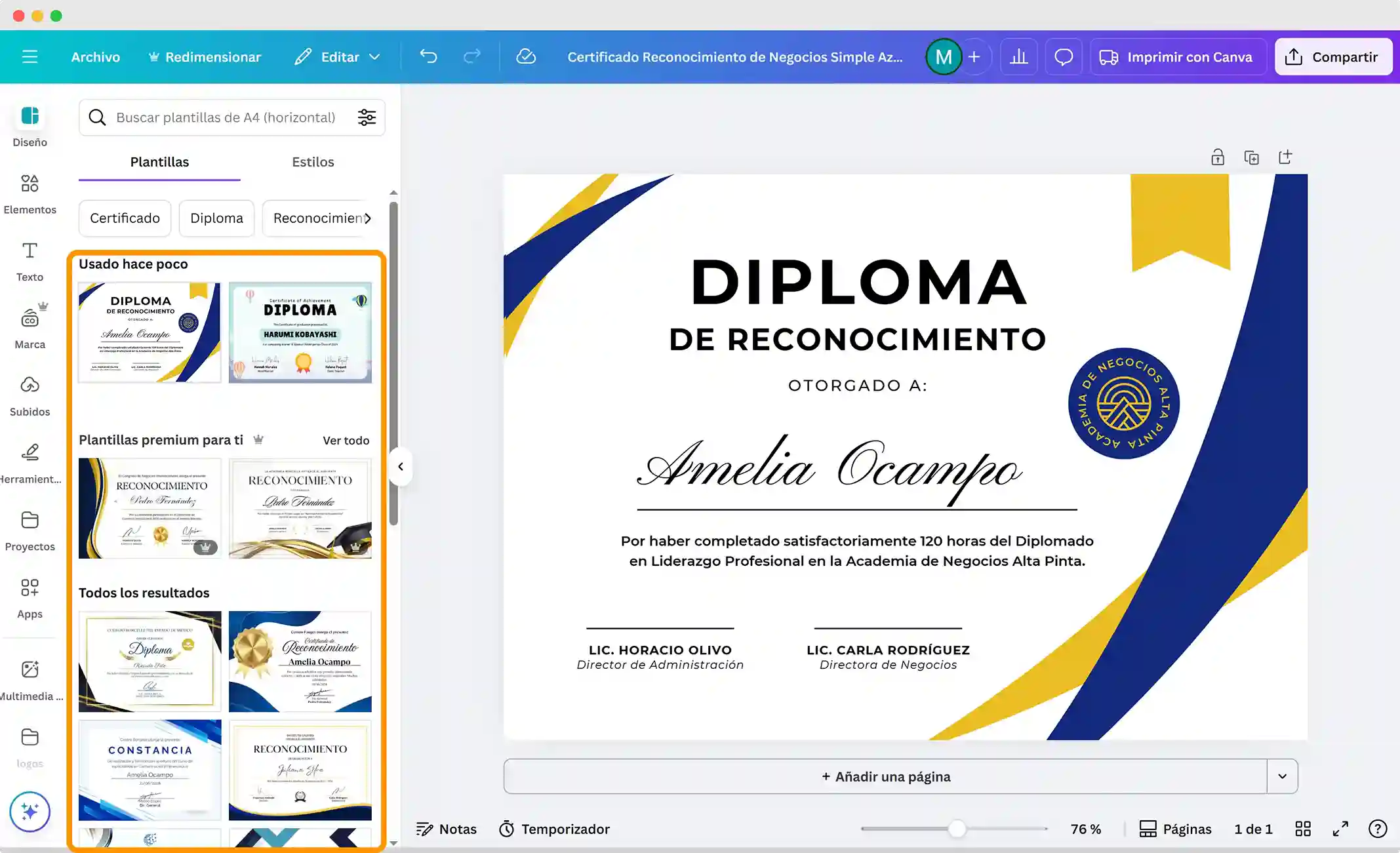 Interfaz de Canva con plantillas de diplomas listas para editar, útil para cómo hacer varios diplomas en Canva. Interfaz de Canva con plantillas de diplomas listas para editar, útil para cómo hacer varios diplomas en Canva.