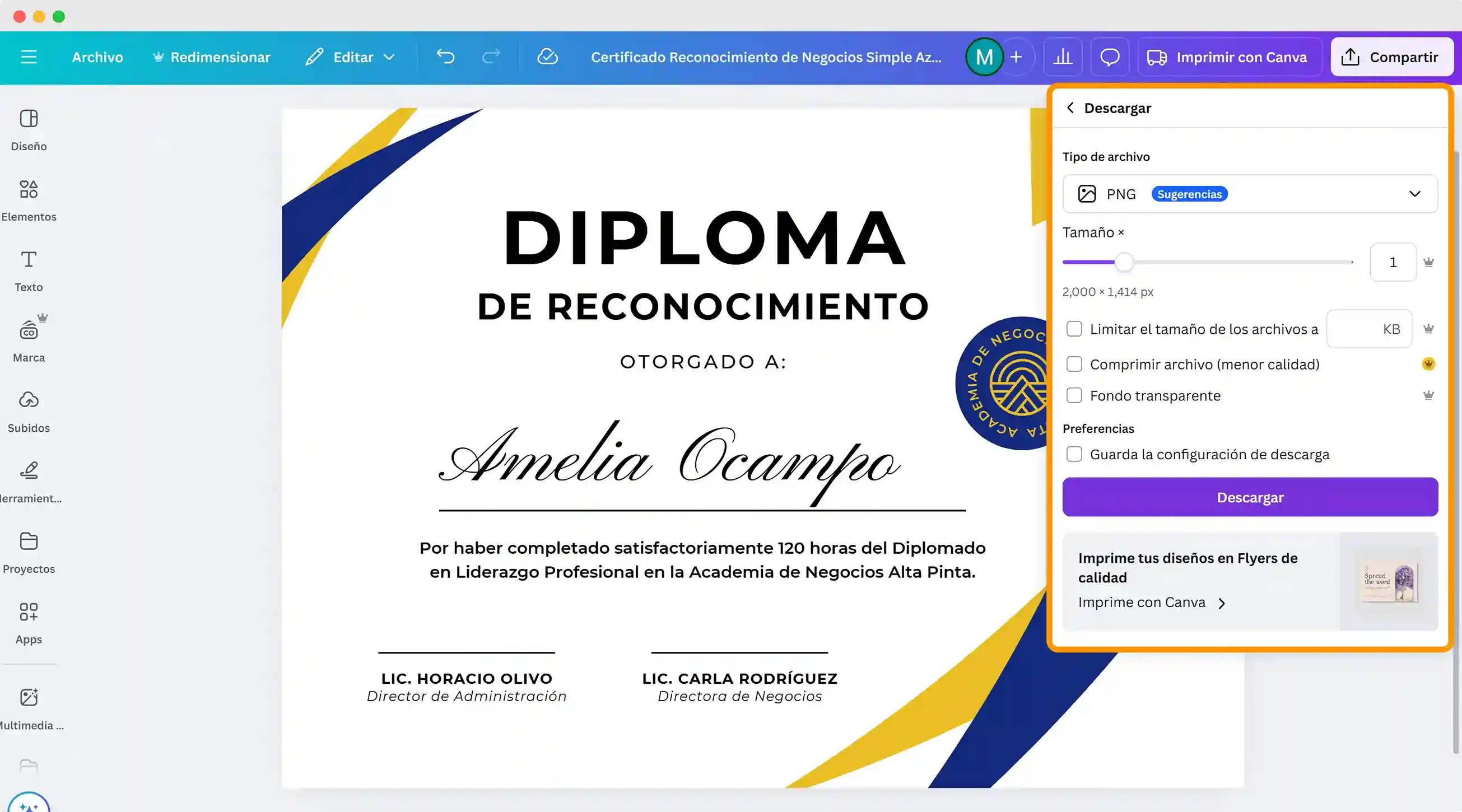 Pantalla de Canva mostrando opciones para descargar diplomas en Canva en formato PNG con diferentes ajustes. Pantalla de Canva mostrando opciones para descargar diplomas en Canva en formato PNG con diferentes ajustes.