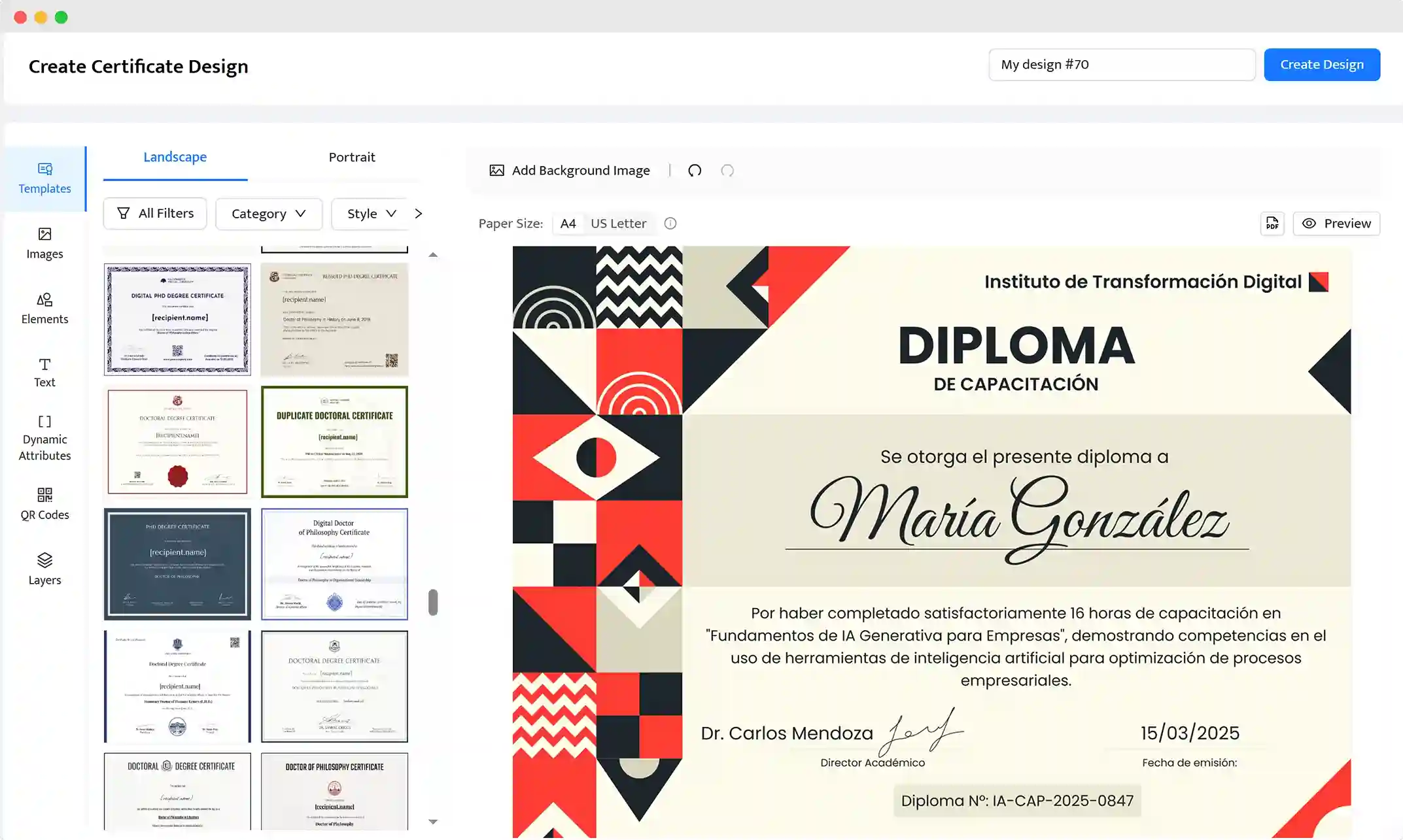 Editor de Certifier mostrando certificado de capacitación con diseño geométrico, útil para crear y personalizar diplomas digitales. Editor de Certifier mostrando certificado de capacitación con diseño geométrico, útil para crear y personalizar diplomas digitales.