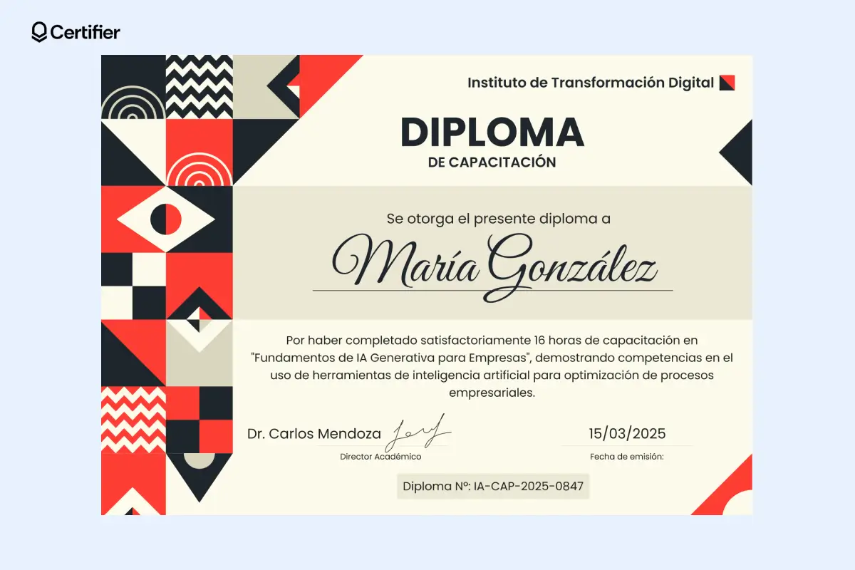 Diploma de capacitación en Certifier con diseño geométrico y datos personalizados del destinatario. Diploma de capacitación en Certifier con diseño geométrico y datos personalizados del destinatario.