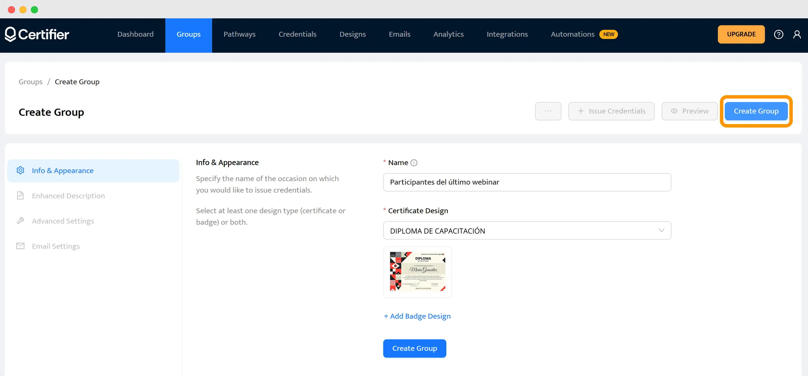 Pantalla de Certifier para crear grupo de emisión con certificado de capacitación seleccionado. Pantalla de Certifier para crear grupo de emisión con certificado de capacitación seleccionado.