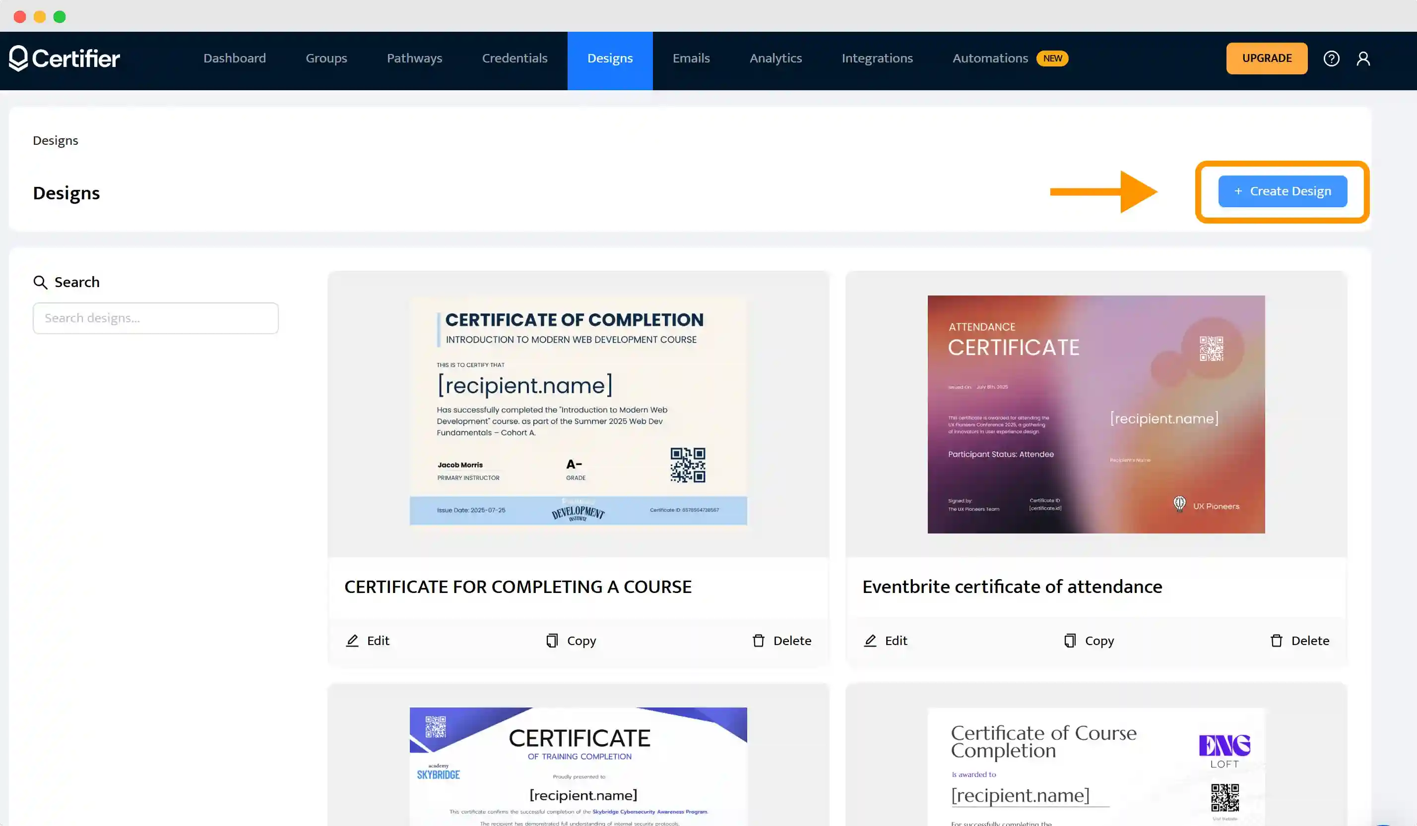 Interfaz de Certifier con botón “Create Design” para crear diplomas digitales junto a Canva para diseñar diplomas personalizados. Interfaz de Certifier con botón “Create Design” para crear diplomas digitales junto a Canva para diseñar diplomas personalizados.