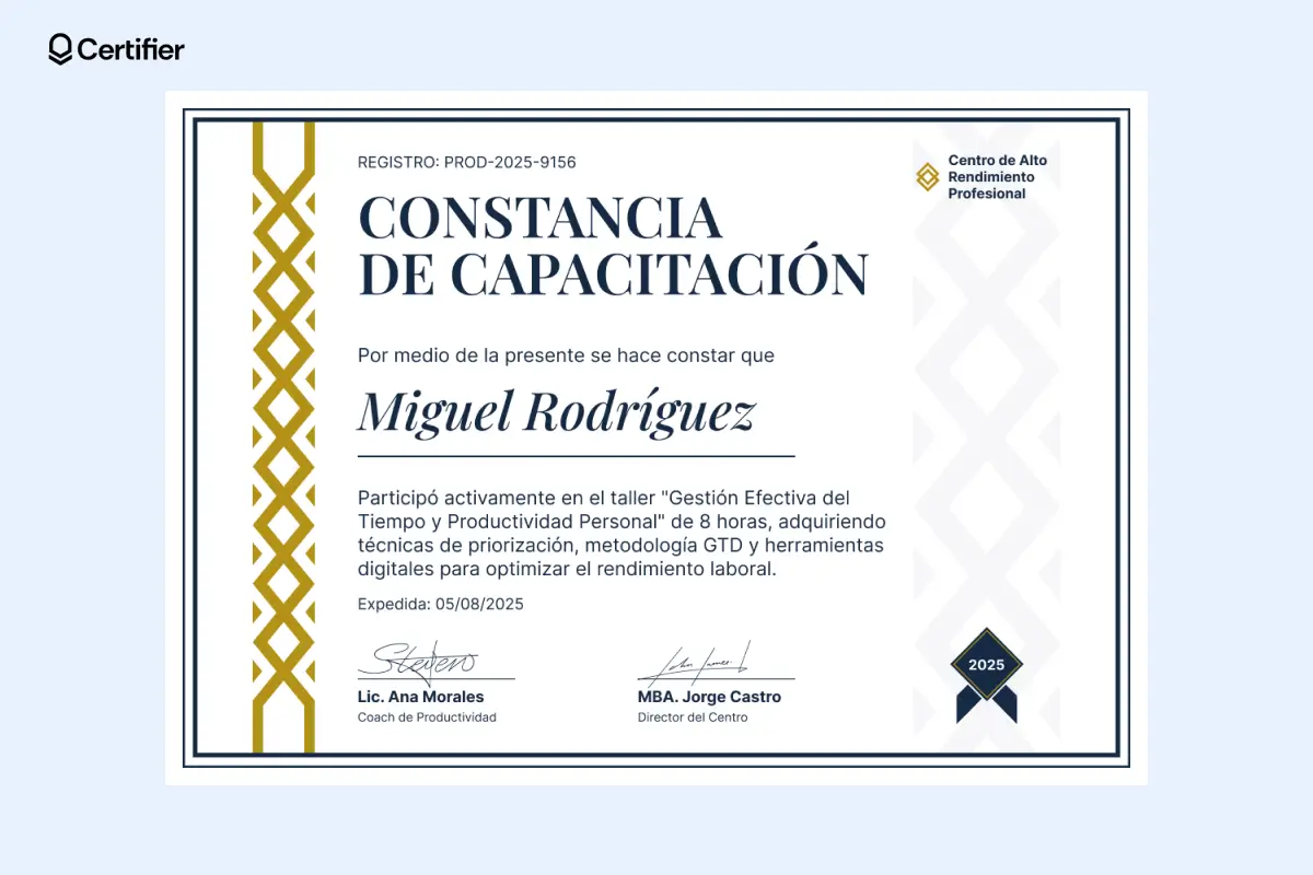 Modelo de certificado de capacitación dorado con diseño moderno. Modelo de certificado de capacitación dorado con diseño moderno.