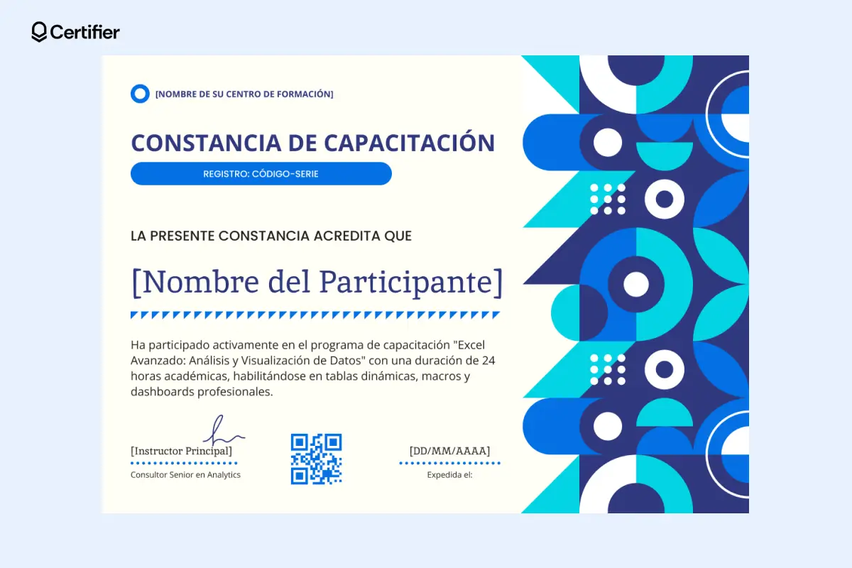 Plantilla de certificado de capacitación en azul con código QR central. Plantilla de certificado de capacitación en azul con código QR central.
