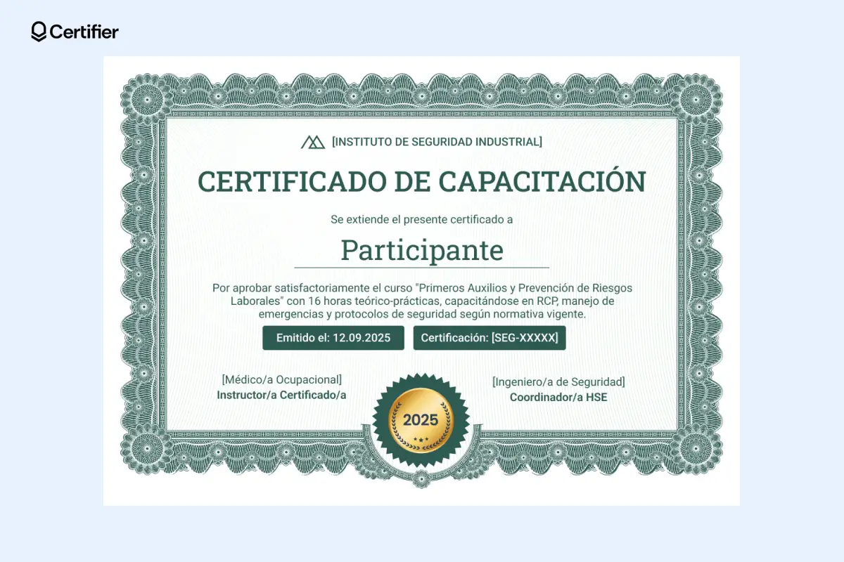Certificado de capacitación verde clásico con fondo decorativo. Certificado de capacitación verde clásico con fondo decorativo.