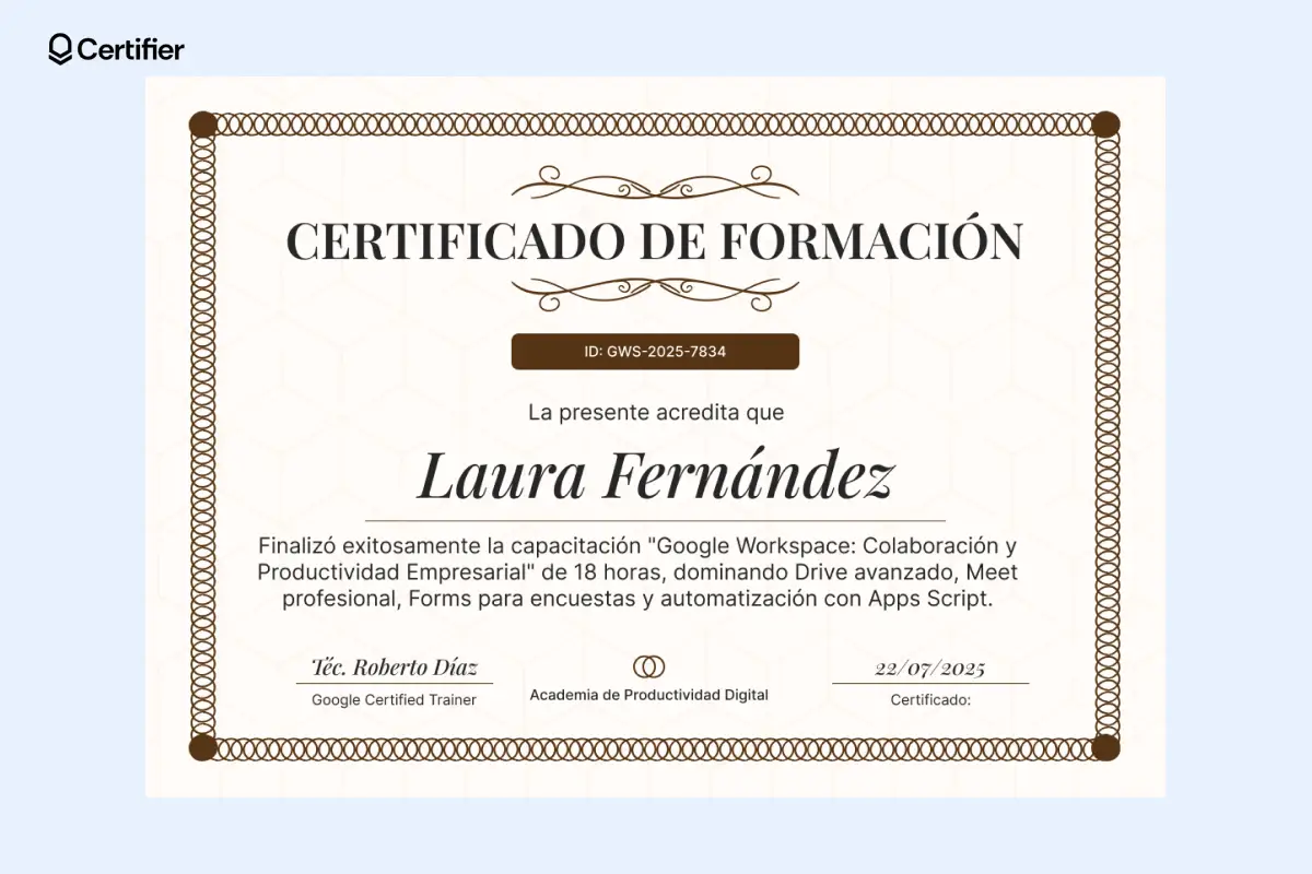 Modelo de certificado de capacitación imprimible en marrón clásico. Modelo de certificado de capacitación imprimible en marrón clásico.