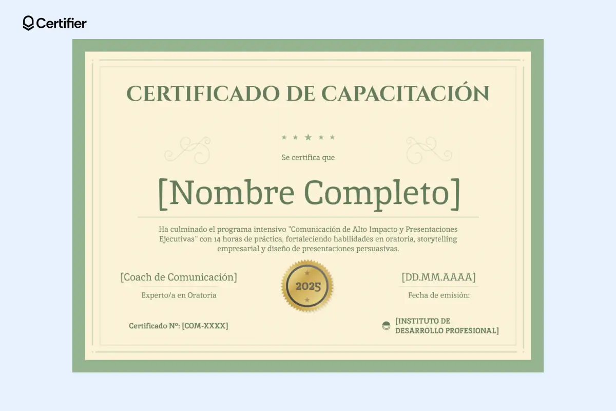 Plantilla de certificado de capacitación profesional en verde. Plantilla de certificado de capacitación profesional en verde.