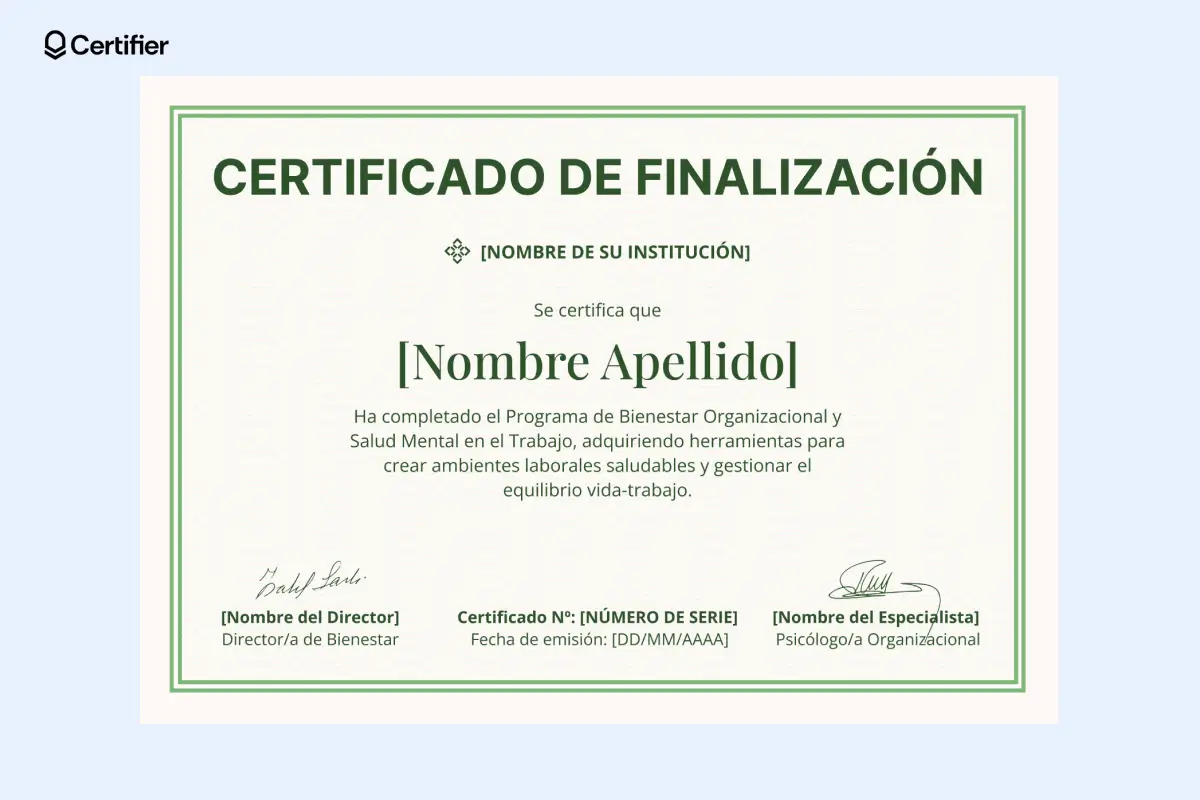 Este certificado de finalización con estilo limpio y sobrio es excelente para eventos públicos, logros laborales o programas de capacitación profesional. Este certificado de finalización con estilo limpio y sobrio es excelente para eventos públicos, logros laborales o programas de capacitación profesional.